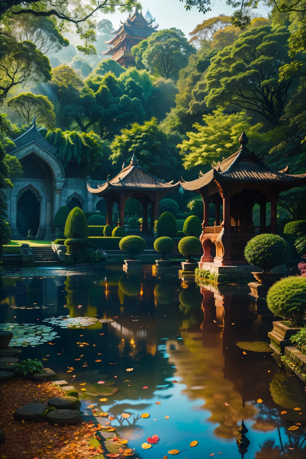 In the serene and tranquil atmosphere of these beautiful landscaped gardens, isolated trails and bridges weave their way through the lush foliage. Brightly colored trees and leaves, reflected in standing water, create a vibrant and picturesque scene. Antique pavilions and pagodas dot the landscape, adorned with intricate architectural details that add to the peaceful and harmonious ambiance. Fallen leaves litter the ground, adding a touch of authenticity and tranquility to the setting. The delicate moonlight shines through the trees, casting a soft and soothing glow over the still waters.
A serene lagoon lies at the heart of this idyllic garden,