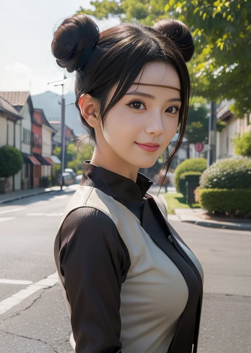 1girl, tenten in anime naruto, short hair, brown hair, brown eyes, smile, beautiful, sexy dress, sexy clothes, white clothes, very big breast, realistic clothes, detail clothes, outdoor background, ultra detail, realistic