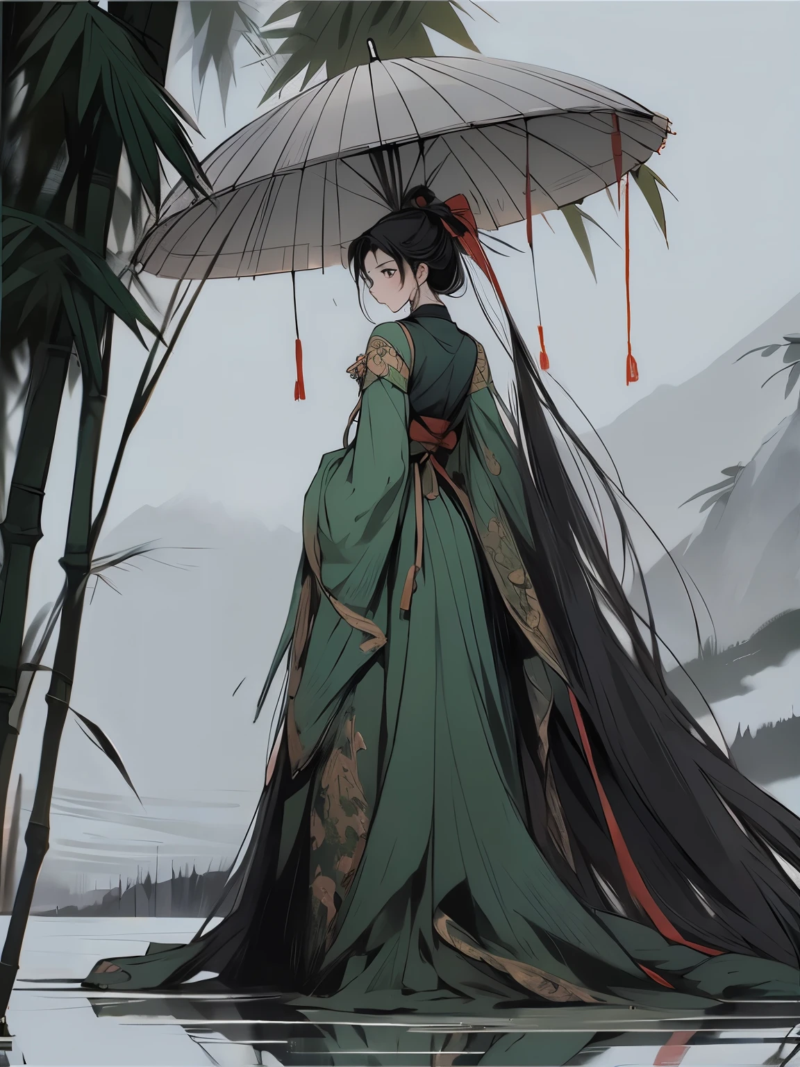 One in a long dress、drawing of woman holding umbrella, Character covered in liquid, guweiz style artwork, Complex and gorgeous, CGI style, Onmyoji Detailed Art, guweiz, 4k highly detailed digital art, eerie art style, Ethereal stills,hanfu, Queen of China, jingna zhang, palace , A girl wearing Hanfu, station,whole body,back view,Chinese Mythology Art,Mountain and sea sutra style,Ink painting blooming,watercolor illustration,Western style woman,back view,长长的black hair,Light green silk dress,double bun hair,Gilt jewelry decoration,black hair,hair accessories,Super gorgeous details,Warm color aesthetic light source,Clouds,ribbon,ribbon,In the bamboo forest,outdoor,Light painting rendering,blurry and mottled,HD,16k,best quality