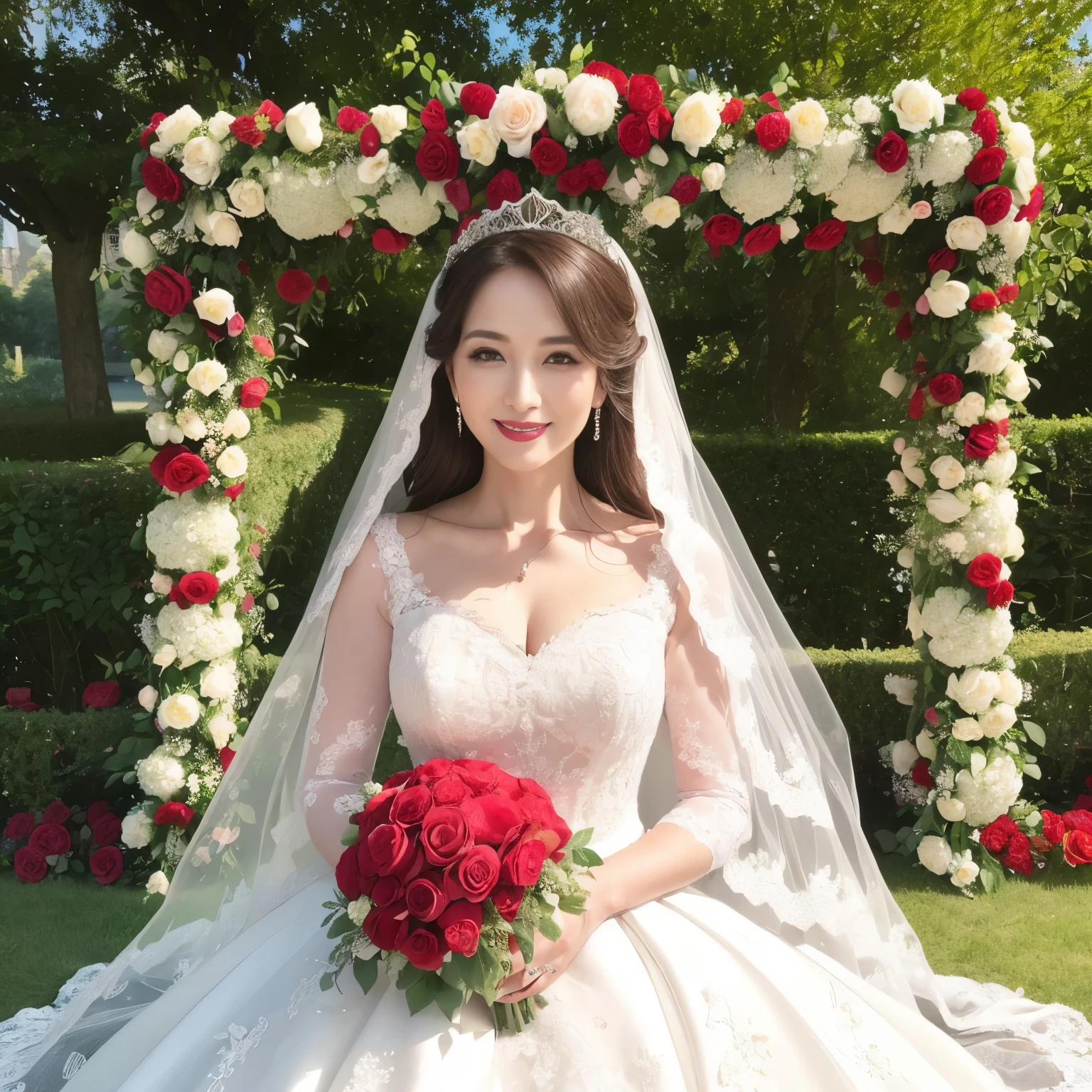 ((highest quality、muste piece、8K、Highest image quality、hyper realism))、(1 Most Beautiful Mature Actress Bride 45 Years Old:1.1)、(the finest giant wedding dress:1.1)、(wedding lace:1.1)、(Top quality giant tiara:1.1)、(Wrinkled face:1.1)、(wrinkles around the eyes:1.1)、(nasolabial folds:1.1)、Upper body photo of mature bride、(A wedding surrounded by lots of roses:1.2)、(A gorgeous arch made of lots of roses:1.2)、(Bride surrounded by lots of roses:1.1)、perfect makeup、dark lipstick、very bright and vivid、the biggest smile when you look at me、(perfect anatomy:1.1)