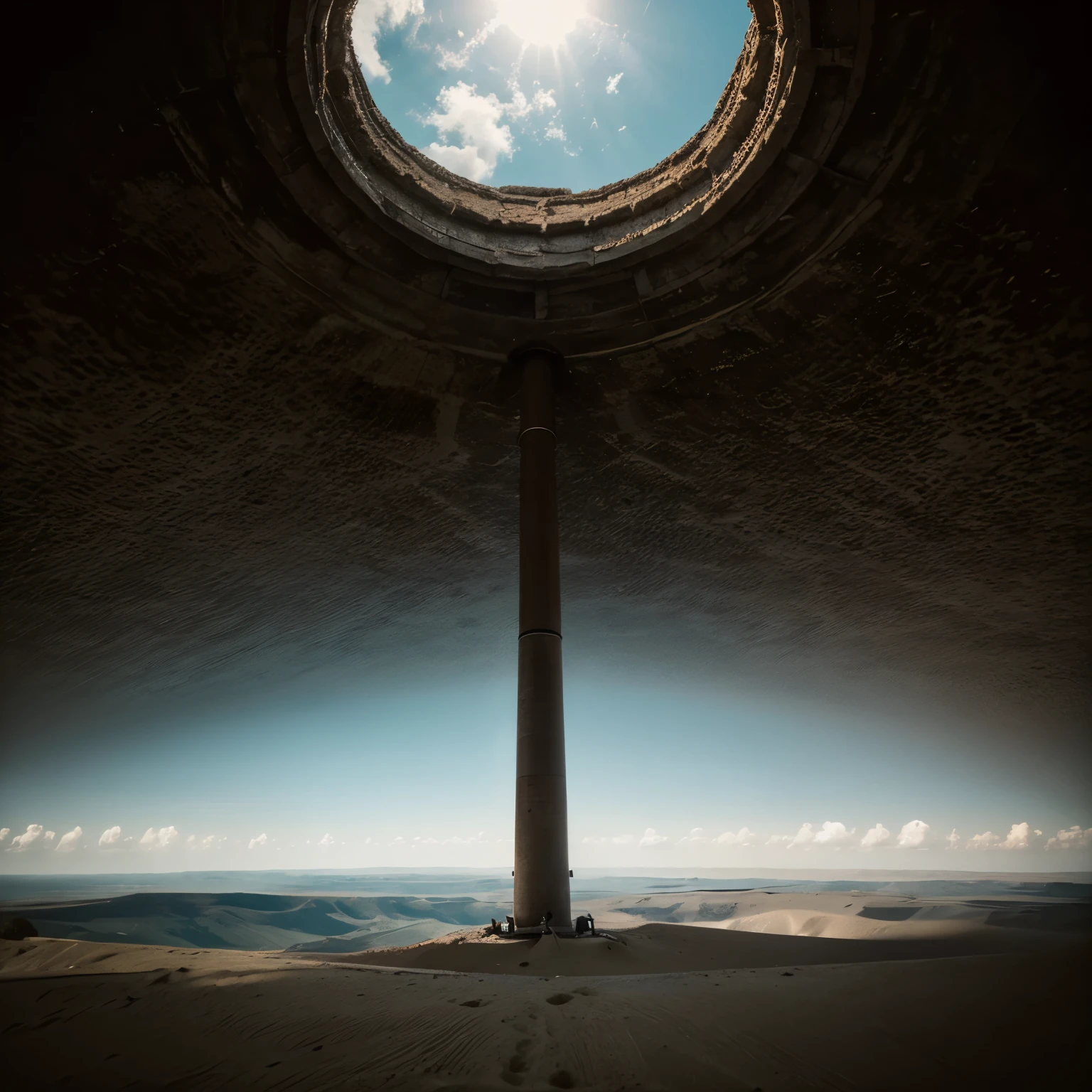 Create a captivating image capturing the transition from a ground surface to a circular well, using a 28mm lens. Frame the shot looking upward from the well's perspective, emphasizing the surrounding earth as it transforms into the circular opening. Highlight the textures and contrasts between the ground and the well, with the wide-angle lens capturing the vastness of the sky above. Infuse a sense of depth and curiosity into this visual narrative.