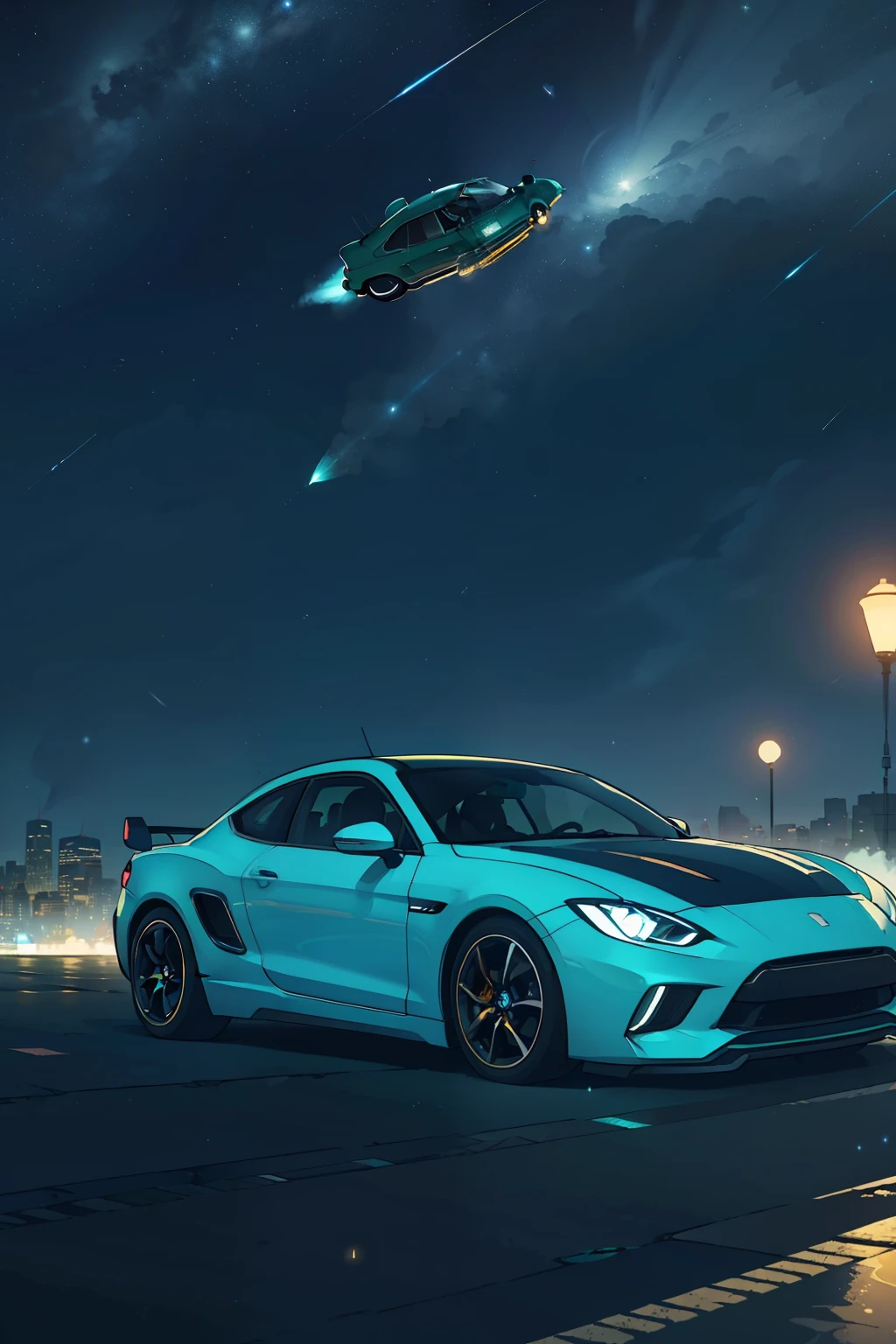 Surrealistic scene: A car defying gravity, flying high in the sky against a backdrop of twinkling stars. The car's sleek metallic body shines under the moonlight, reflecting the ethereal glow. Its wheels spin freely in mid-air, creating trails of light against the dark backdrop. The engine roars with an otherworldly sound, adding to the sense of excitement and wonder. In the distance, the earth can be seen as a vibrant blue and green sphere, dotted with tiny lights representing cities and towns. This jaw-dropping moment freezes in time, captured in the most intricate and immaculate detail, leaving the viewer in a state of awe