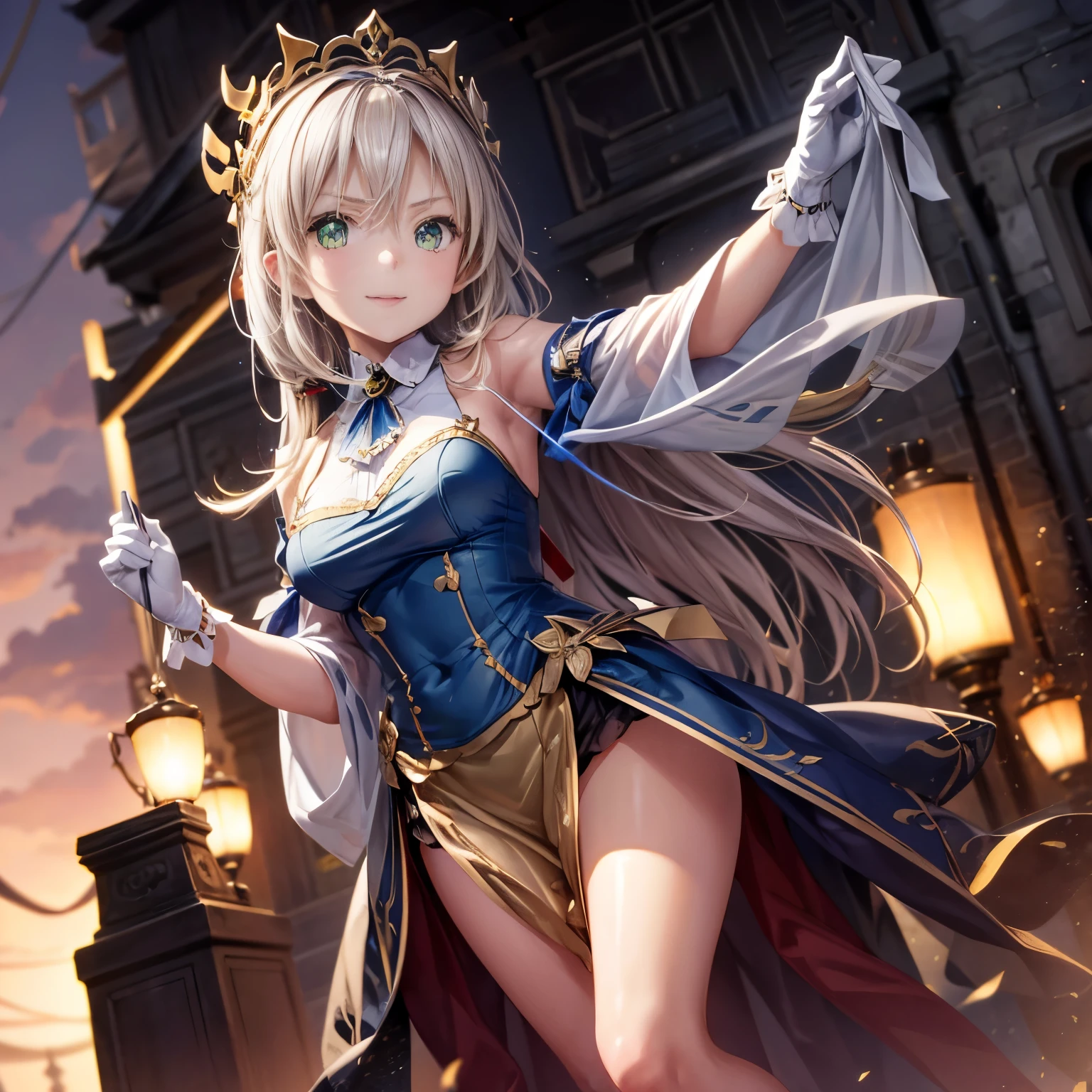 Classic style, (artwork), (Amazing work), (Indirect linear lighting), (Chibi Cute Studio), (cuteアニメのGIF), (nice、cute、cute), (Highly detailed wallpapers of CG 8k units), (1 girl) Wearing a beautiful dress, cuteフリルのティアラと長い青い髪, Please wear silk gloves, white skin, green eyes, (かなりcuteです)