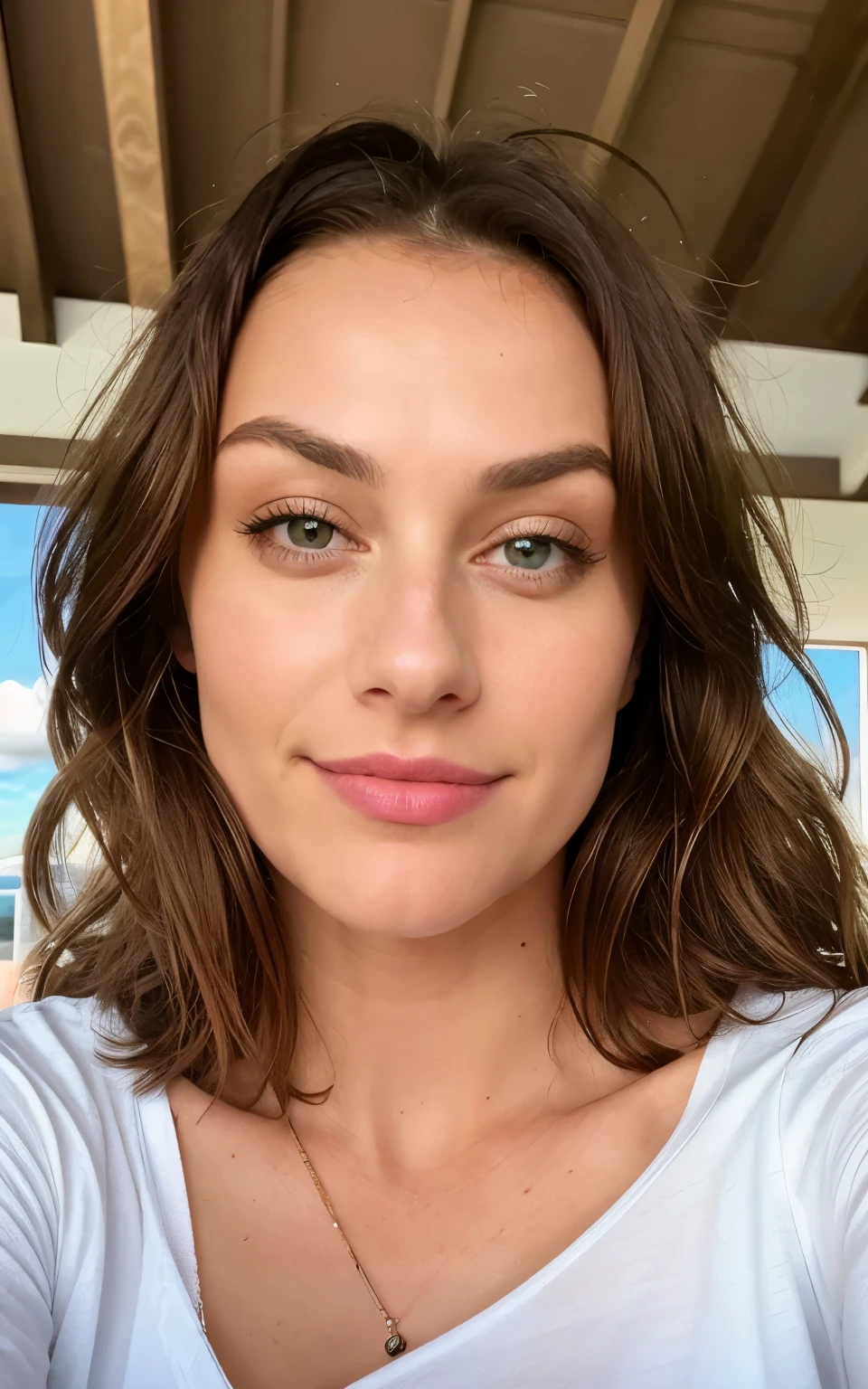 Beautiful brunette with blonde highlights, who is wearing a white cutout top (in her cozy room), Sehr detailiert, 22 Jahre alt, Gesicht unschuldig, Natural wavy hair, blaue Augen, high resolution, Meisterwerk, best quality, komplizierte hohe Detailgenauigkeit, sehr detailliert, scharfer Fokus, detaillierte Haut, realistic skin Textur, Textur, Detaillierte Augen, Fachmann, 4K, charming smile, gefilmt mit Canon, 85 mm, shallow depth of field, Kodak Vision Color, perfectly fitting body, Extremely detailed, Fotografier_\(Ultra\), fotorealistisch, Realistisch, Nachbehandlung, maximale Details, Rauheit, wahres Leben, Ultra realist, Fotorealismus, Fotografie, 8K UHD, Fotografie, ((Upper body selfie, Happy)), Meisterwerk, best quality, ultradetailliert, am Strand, (Tag), Natur, heiter, Blick auf das Meer, Happy, Rucksack, Strandhut, pink shirt small sleeves closed, Schatten, Kontrast, klarer Himmel, Stil, (warmer Farbton, warmer Ton: 1.2), Nahaufnahme, Filmisches Licht, Seitenbeleuchtung, Ultrahigh resolution, bester Schatten, ROH, Gesichtsteil,  ernster Blick, Normal breasts, 4K,