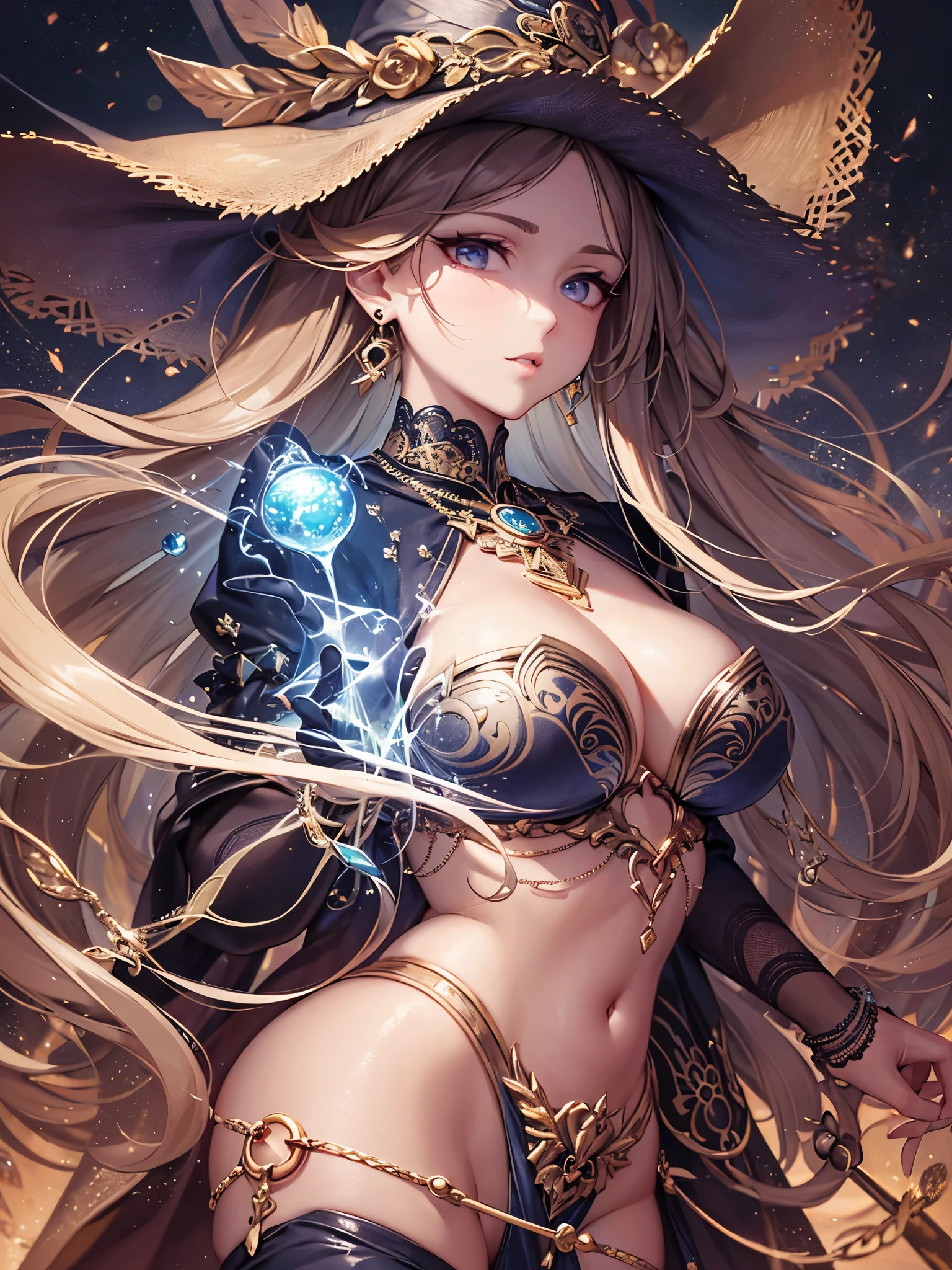 ((highest quality)),(ultra high resolution),(Super detailed),(detailed description),((best CG)),(best work of art),super precision art,great drawing art,(Fantasy art with precise details:1.5), (1 woman:1.6),witch:1.6,(beautiful and well-shaped face:1.5)),(glamorous body:1.6),amulet:1.6,earrings:1.3,bracelet:1.5,Luminous magic circle:1.6, explosion:1.7,lightning:1.4,