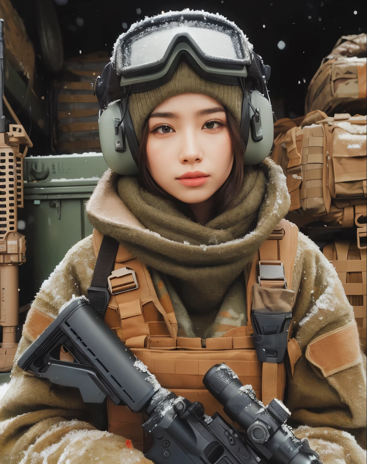 photorealistic、realistic skin texture、automatic rifle、