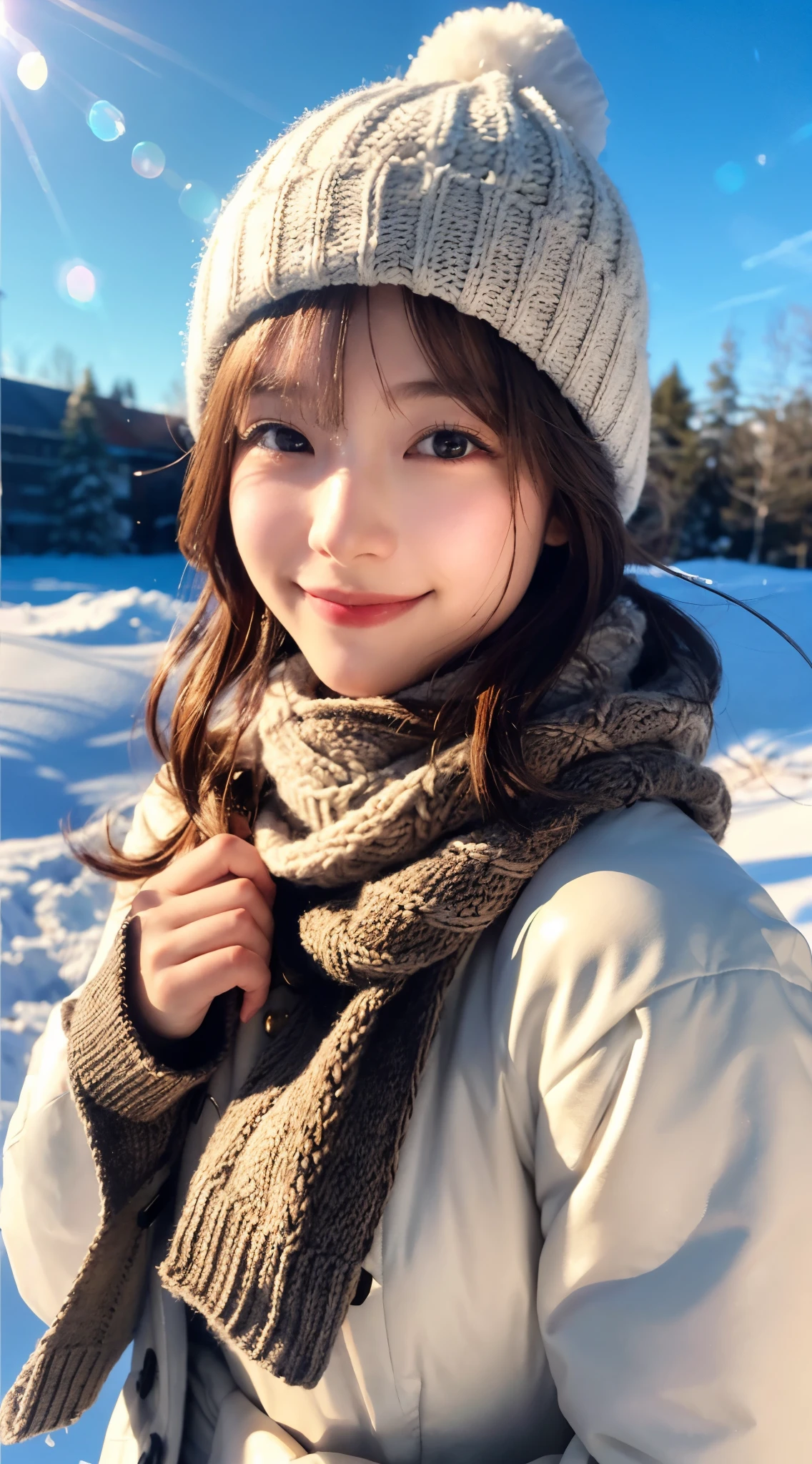 (highest quality,masterpiece:1.3,ultra high resolution),(Super detailed,caustics,8k),(photorealistic:1.4,RAW shooting),A silver world all around,snowfield,(Diamond dust reflecting light and sparkling:1.1),(光を反射して煌めいているsnowfield:1.1),(sunshine),(Backlight),(Lens flare),(Focus on girls),22 years old,cute,natural brown medium hair,knit hat,Smiling and looking at the camera,Scarf,big boobs,Down jacket,shot from the waist up,Natural light,professional writing