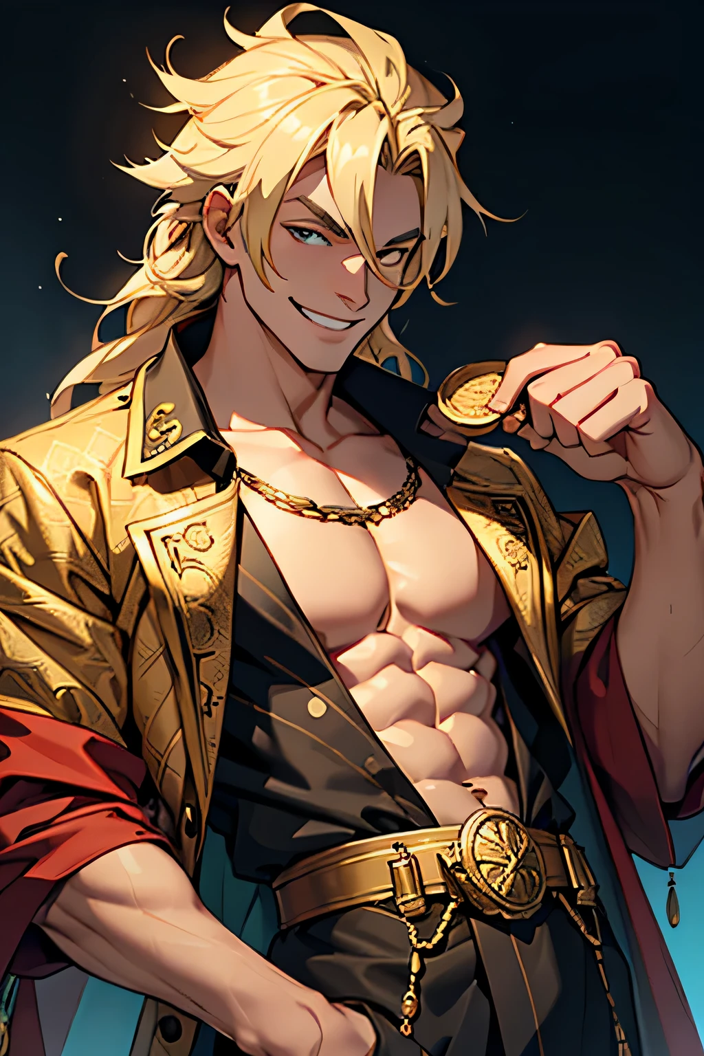A greedy man holds many gold coins in his hand,but he wants more,With a lewd smile on his face