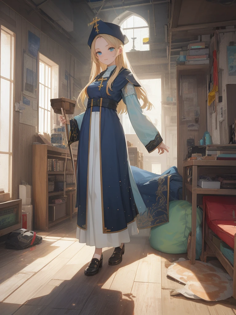 ((Mint Adnade)), 1girl, solo, a priest, 18yo, blond long hair, ((straight hair)), deep blue eyes, Raising bangs, ((Forehead)), large tits, blue hat, ((blue long vestment)), have a oak cane, full body shot,
masutepiece, Best Quality, (the Extremely Detailed CG Unity 8K Wallpapers), (Best Quality), (Best Illustrations), (Best Shadows),
(((Particle effect))), Isometric 3D, Octane Rendering, Ray tracing, super detailed,