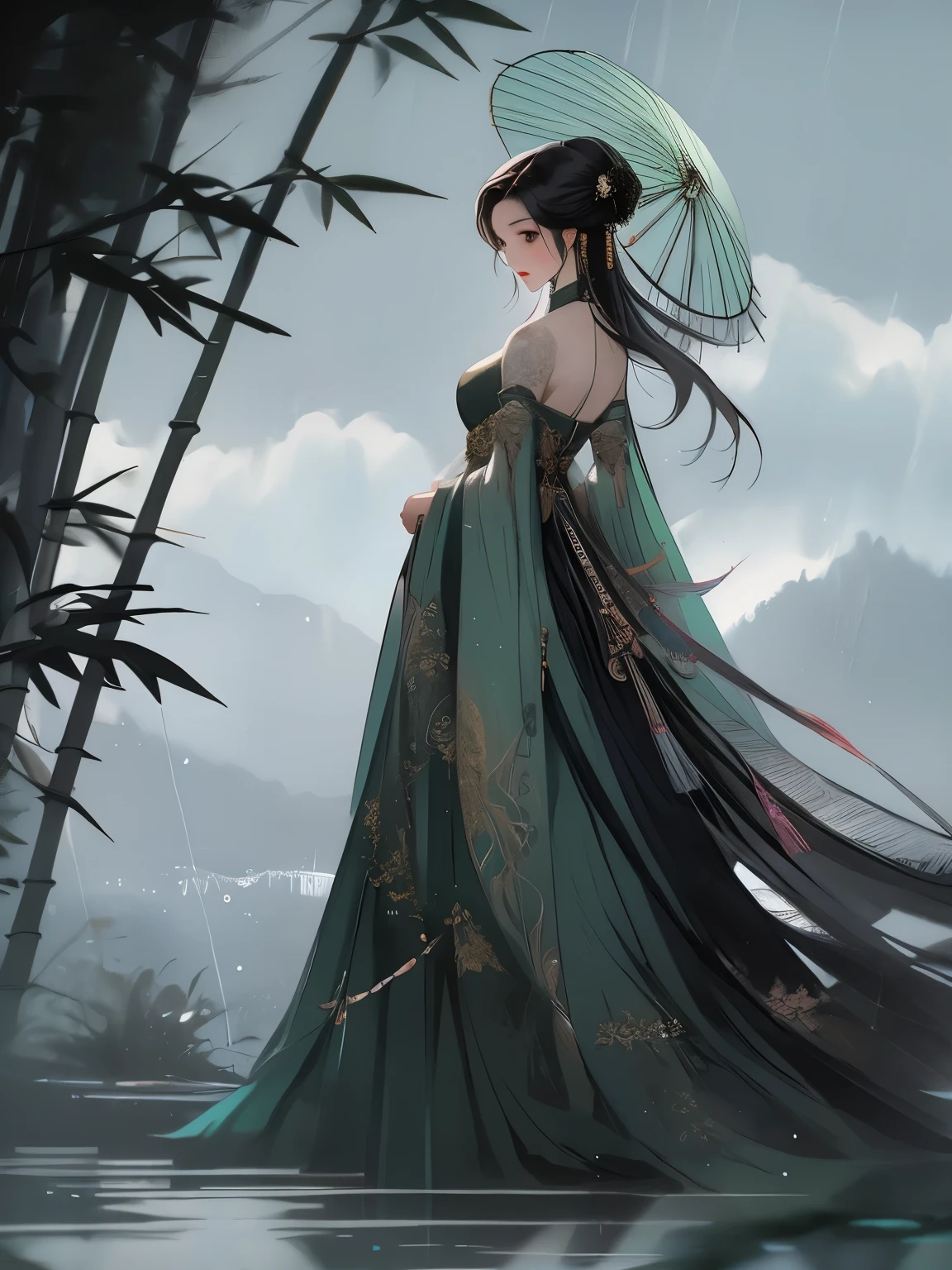 One in a long dress、drawing of woman holding umbrella, Character covered in liquid,  Complex and gorgeous skirt，4k highly detailed digital art, Ethereal stills，hanfu, Queen of China, jingna zhang, palace ， A girl wearing Hanfu, station，whole body，back view，Chinese Mythology Art，Mountain and sea sutra style，Ink painting blooming，watercolor illustration，Western style woman，back view，长长的black hair，Light green silk dress，double bun hair，Gilt jewelry decoration，black hair，hair accessories，Super gorgeous details，Warm color aesthetic light source，Clouds，ribbon，ribbon，In the bamboo forest，outdoor，Light painting rendering，blurry and mottled，HD，16k，best quality