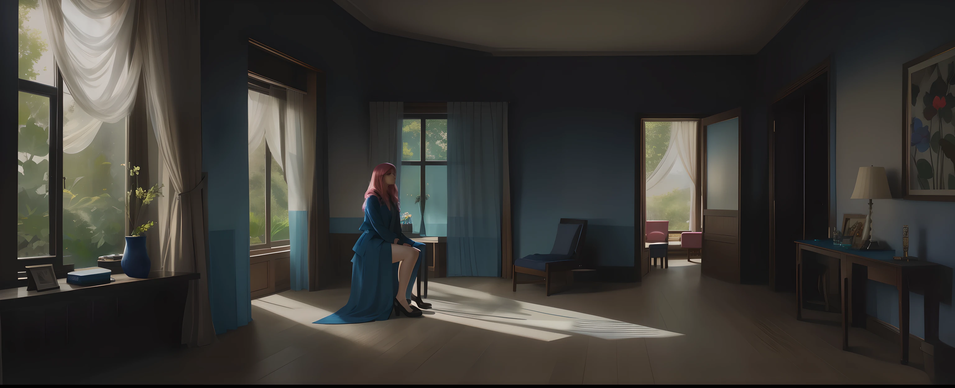 (highres:1.2,photorealistic), (2 people), indoor, full body, woman laying on the floor, man in a blue suit sitting and watching her, colorful hair, spring outfit, image with vivid colors, volumetric lighting, beautiful detailed eyes, beautiful detailed lips, relaxed expression, greenery in the background, blonde hair with pink and blue highlights, wooden floor, piano in the corner of the room, large windows with sheer curtains, abstract artwork on the walls, long eyelashes, comfortable cushions, patterned carpet, peaceful atmosphere, serene mood. in the style of Edward Hopper