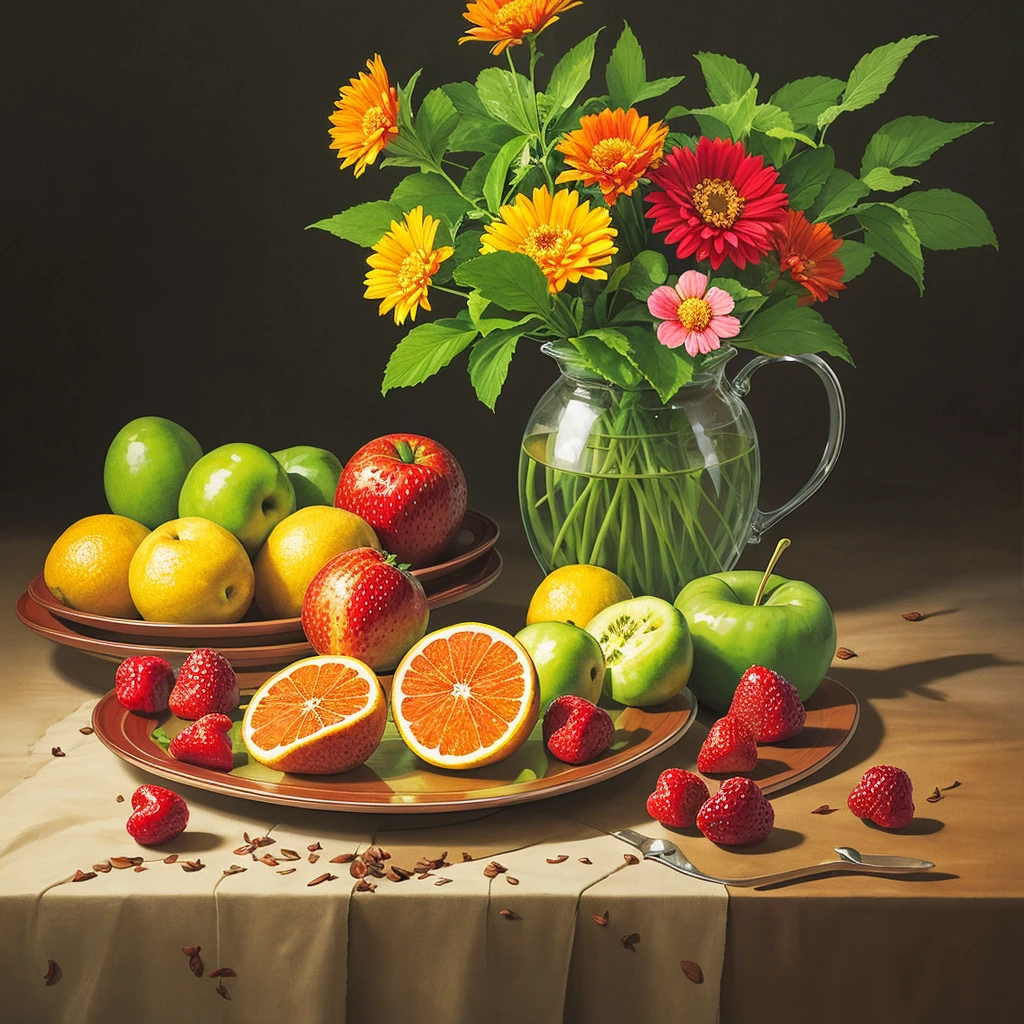 "exquisite still life": Carefully arranged still life composition with vibrant flowers, beautiful fruit, and Intricate detail, We invite you to explore color., texture, and light, surrealism, color field printing, high detail, UHD, 8 thousand, anatomically correct, Movie lighting 4D quality  