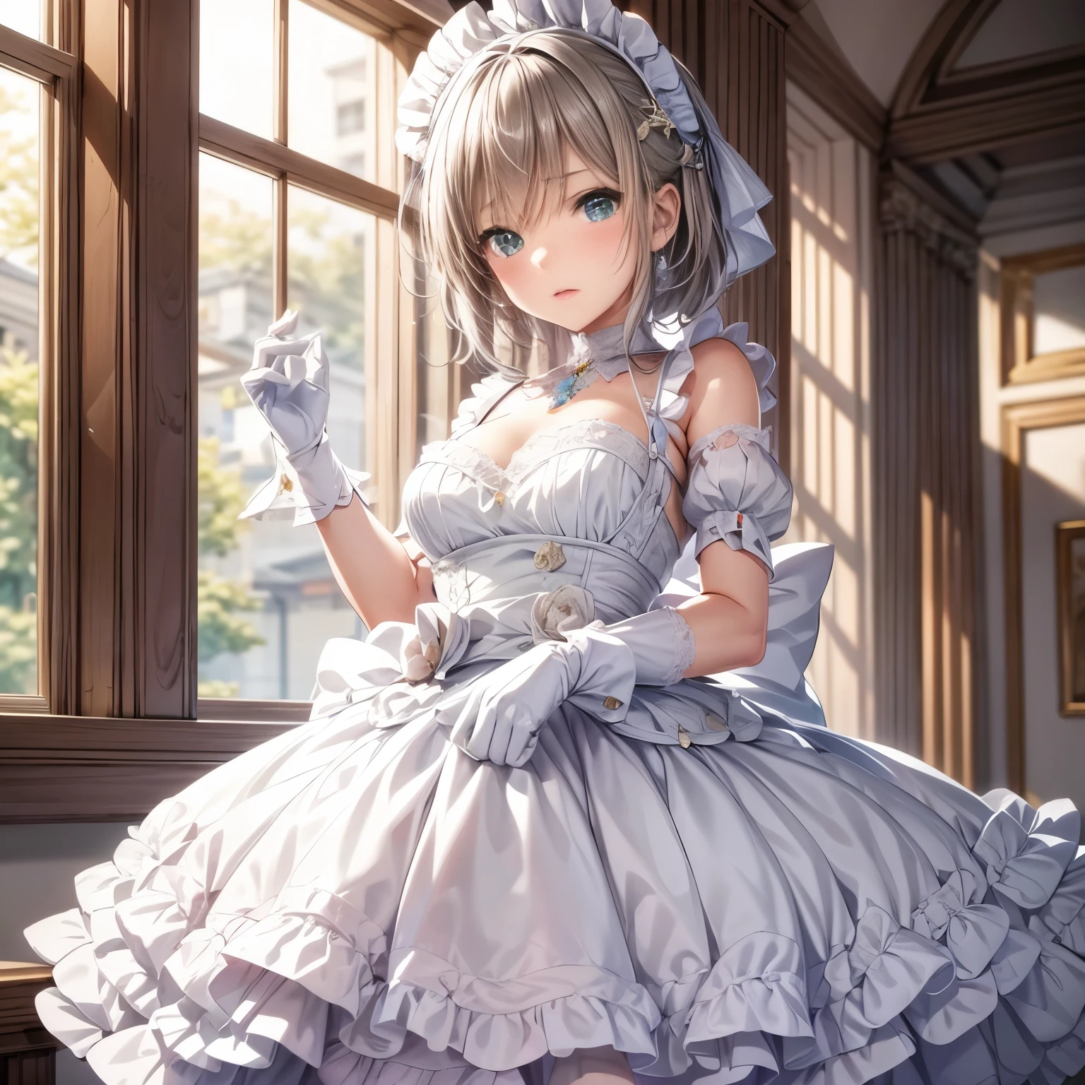 pastel classic style, (artwork), (Amazing work), (Indirect linear lighting), (Chibi Cute Studio), (cuteアニメのGIF), (nice、cute、cute), (Highly detailed wallpapers of CG 8k units), (1 girl) Wearing a beautiful dress, cuteフリルのティアラと長い青い髪, Please wear silk gloves, white skin, green eyes, (かなりcuteです)