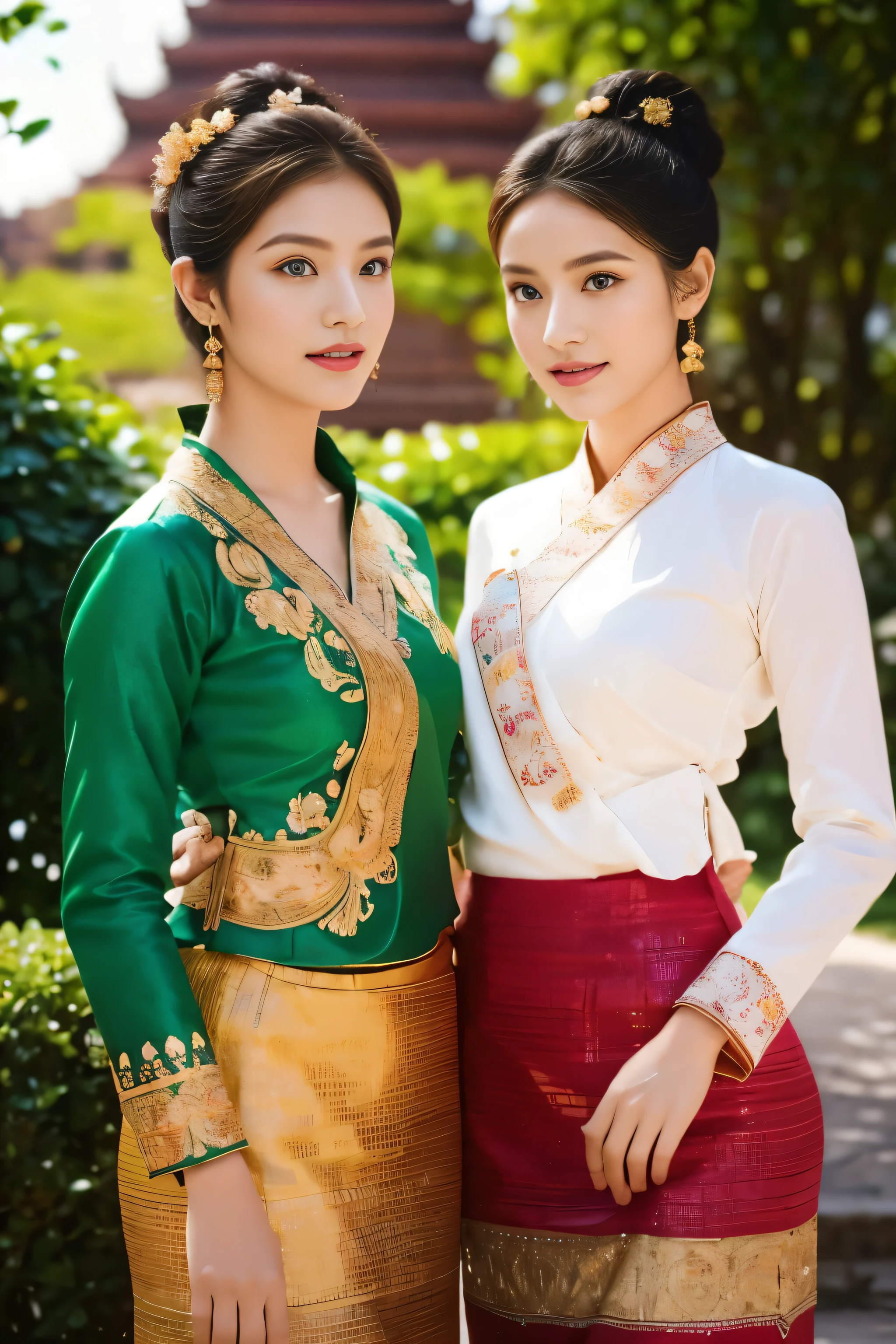 Two young girls, in their late teens or early twenties, stand gracefully amidst the ancient grandeur of Bagan's temples. Their skin is smooth and radiant, their features delicate and refined. They are dressed in the elaborate finery of traditional Keng Tong Tai Khun attire, each garment a tapestry of vibrant colors and intricate patterns.

The girls' outfits:

Main fabric: Rich silk in deep shades of red, gold, and emerald green, woven with shimmering threads that catch the sunlight.
Skirts: Long and flowing, adorned with delicate embroidery depicting mythical creatures and floral motifs.
Blouses: Tightly fitted, with high collars and long sleeves that taper at the wrists. The blouses are embellished with gold trim and sparkling sequins.
Accessories: A profusion of gold jewelry adorns the girls, from chunky bangles and necklaces to elaborate earrings that dangle like miniature chandeliers. Their hair is styled in messy buns adorned with fresh flowers and secured with ornate gold pins.
The scenery:

The girls stand in a clearing framed by the majestic ruins of Bagan's temples. The ancient structures, bathed in the warm glow of the setting sun, rise skyward like silent sentinels. Lush greenery peeks through the crumbling stonework, and the air is alive with the chirping of exotic birds.

Additional details:

Focus on capturing the girls' beauty and the intricate details of their traditional attire.
Use high-quality references for the Keng Tong Tai Khun clothing and Bagan temples to ensure accuracy.
Render the scene in a photorealistic style with soft lighting and a shallow depth of field to draw attention to the girls and their surroundings.