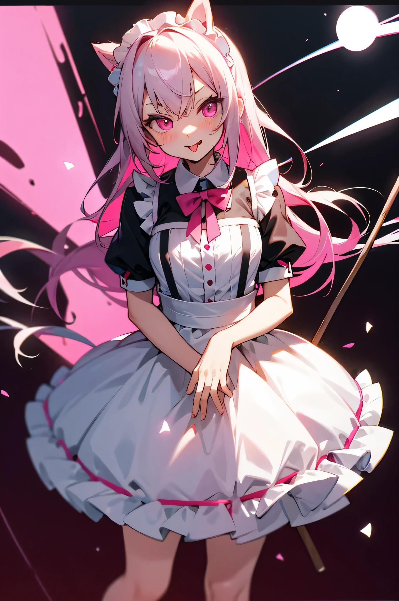 Neon Hair、look at the camera、Maid clothes、Usami Katyusha、look at the cameraください、Medium chest、pink eyes、long hair、stick out tongue、universe