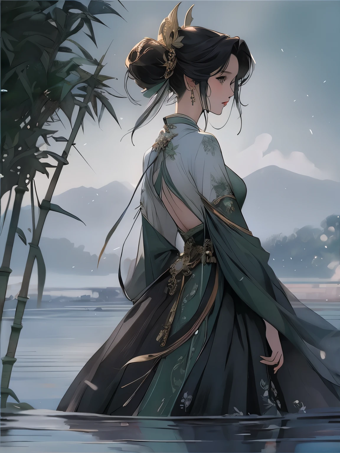 One in a long dress、drawing of woman holding umbrella, Character covered in liquid, Complex and gorgeous skirt,4k highly detailed digital art, Ethereal stills,hanfu, Queen of China, jingna zhang, palace , A girl wearing Hanfu, station,whole body,back view,Chinese Mythology Art,Mountain and sea sutra style,Ink painting blooming,watercolor illustration,Western style woman,back view,长长的black hair,Light green silk dress,double bun hair,Gilt jewelry decoration,black hair,hair accessories,Super gorgeous details,Warm color aesthetic light source,Clouds,ribbon,ribbon,In the bamboo forest,outdoor,Light painting rendering,blurry and mottled,HD,16k,best quality