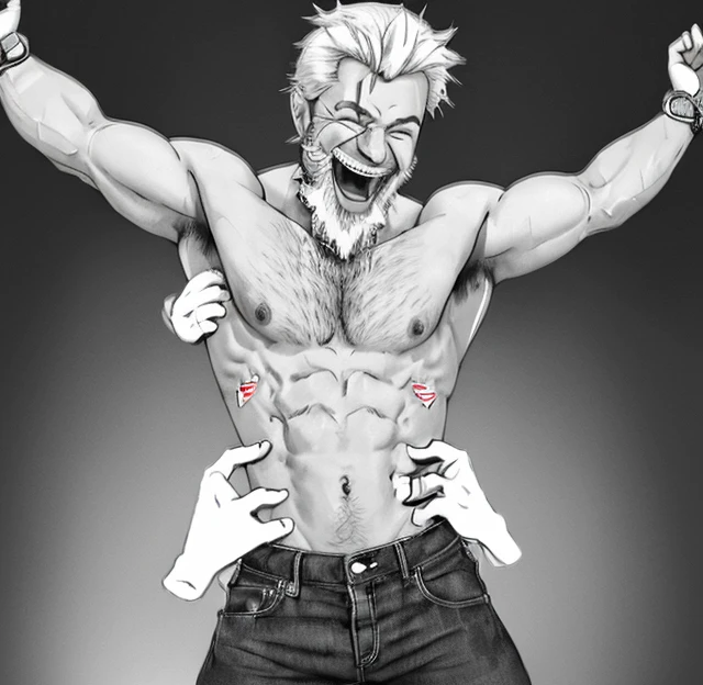 Muscular shirtless man grey hair beard laughing torso grab, hands on another's hips, poking, disembodied limb
