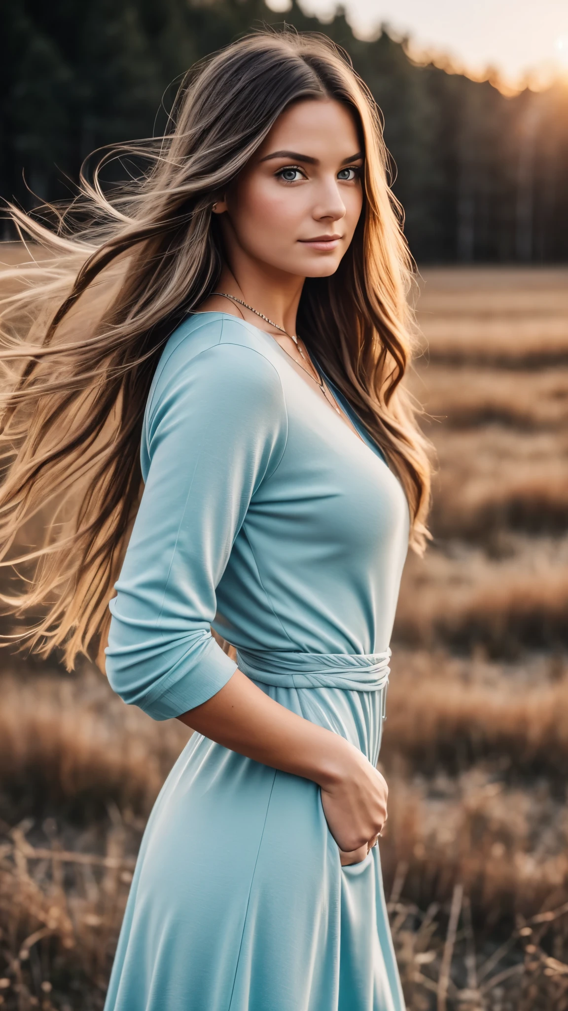 realistic body shot photo of a swedish girl in front of the camera wearing a tight long winter dress. winter meadow. Snow. sunset. Dark. cold. glamour photoshoot, beautiful face, perfect anatomy, fit girl, looking into the camera, strong hip:1.2, wide hip:1.3, 25 yo woman. (Eye makeup:1.1), (highly detailed skin:1.1), RAW, analog style, sharp focus, 8k UHD, DSLR, high quality, Fujifilm XT3, grain, award winning, masterpiece.