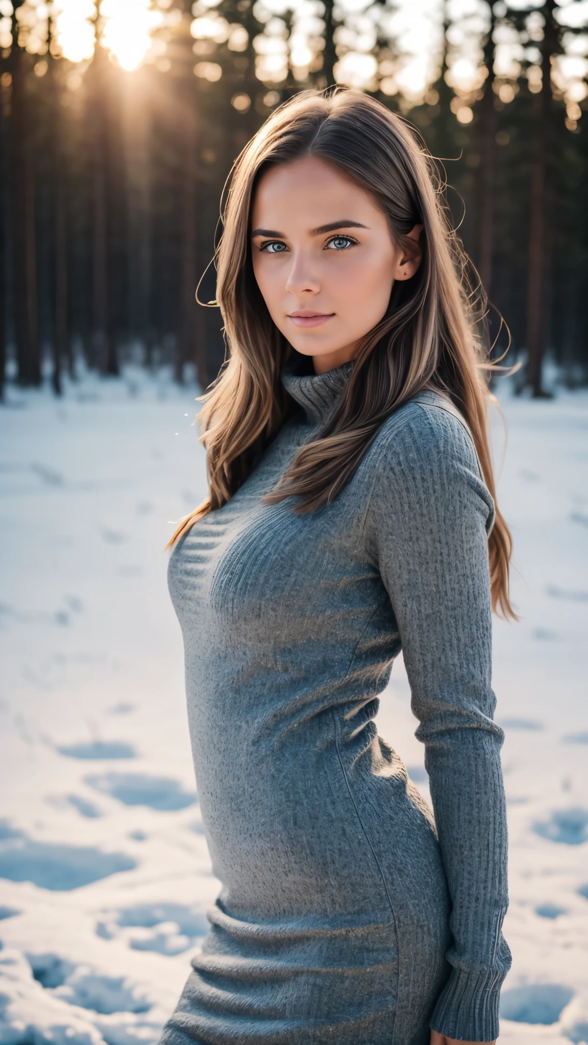 realistic body shot photo of a swedish girl in front of the camera wearing a tight long winter dress. winter meadow. Snow. sunset. Dark. cold. glamour photoshoot, beautiful face, perfect anatomy, fit girl, looking into the camera, strong hip:1.2, wide hip:1.3, 25 yo woman. (Eye makeup:1.1), (highly detailed skin:1.1), RAW, analog style, sharp focus, 8k UHD, DSLR, high quality, Fujifilm XT3, grain, award winning, masterpiece.