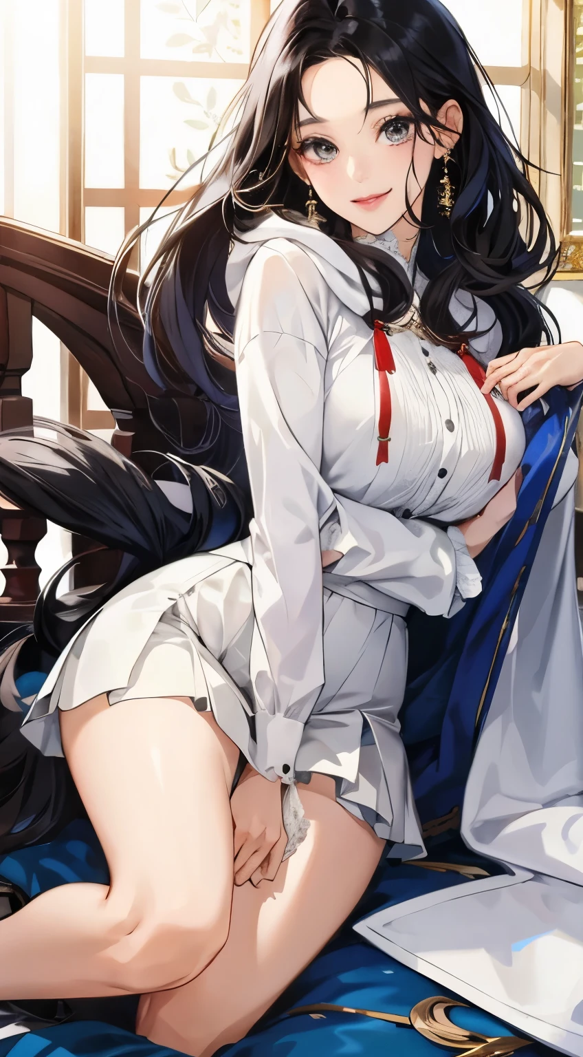 "Gorgeous and high-quality, this NSFW artwork is a masterpiece that features two charming schoolgirls in their uniforms laying down. One girl seems shy while the other is showing off her cleavage and panties on the bed, creating a seductive atmosphere."