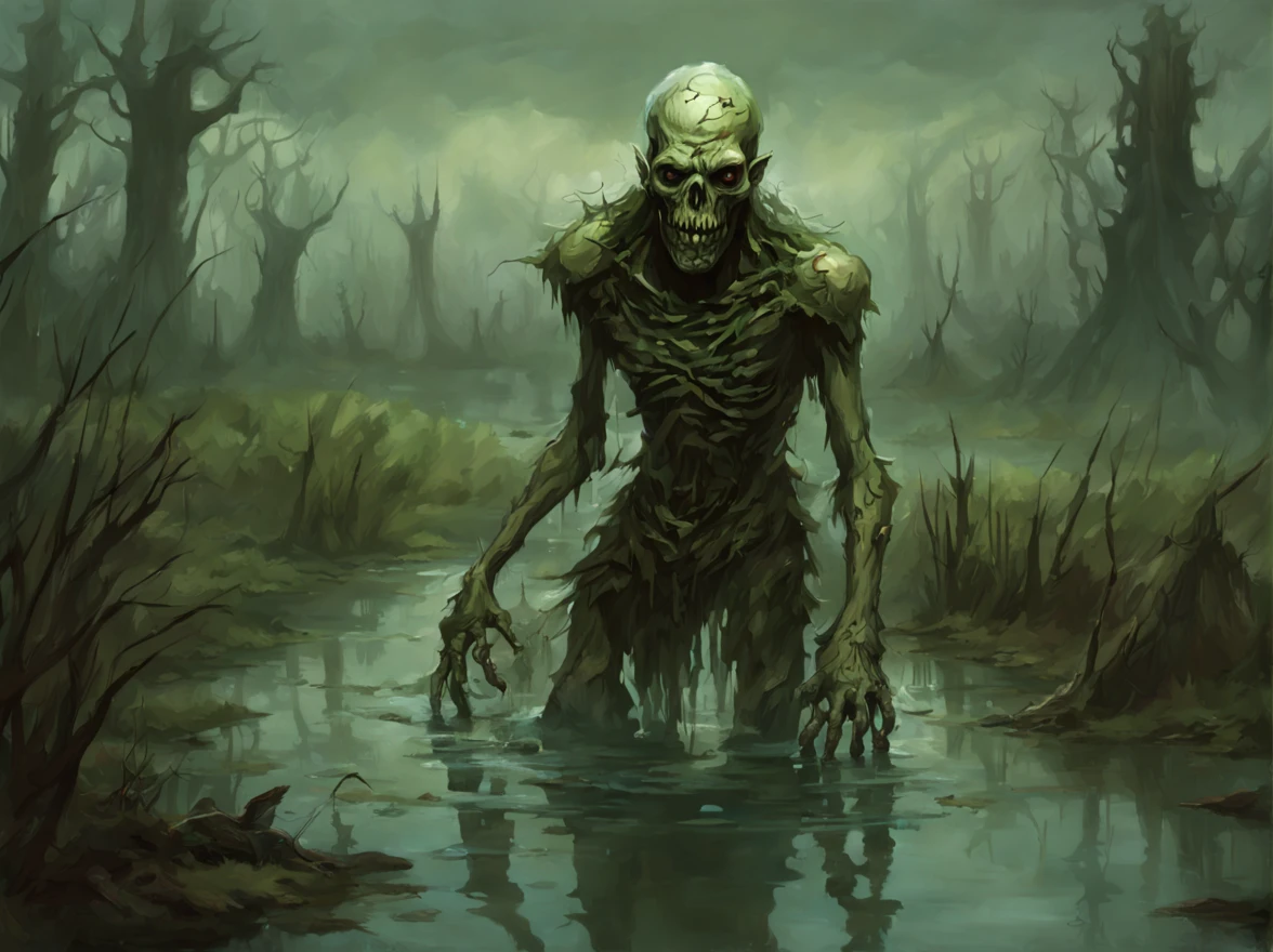 putrid zombie in the swamp, puddles and human skulls Fantasy style. Artistic concept magic the gathering.