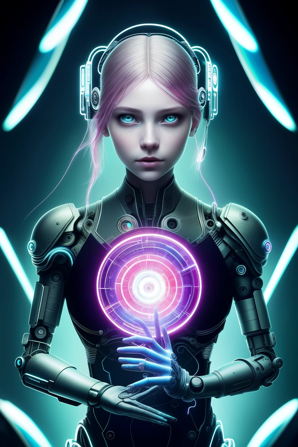 A mesmerizing cyberpunk-style digital illustration emerges, bringing forth an enchanting vision of a young girl adorned with captivating cybernetic implants. This highly detailed artwork intertwines elements of realism and the cinematic, exuding an atmosphere that captivates the beholder. The predominant shades of wine and baby blue envelop the composition, creating a stunning visual symphony.
In this intricate masterpiece, the artist skillfully emphasizes the reflections dancing within the girl's eyes, infusing them with an otherworldly allure. The luminous parts of her cybernetic enhancements glow with a radiant brilliance, illuminating the canvas with a mesmerizing ethereal light. Delicate yet prominent cables gracefully emerge from her body, hinting at the intricate connection between flesh and machinery