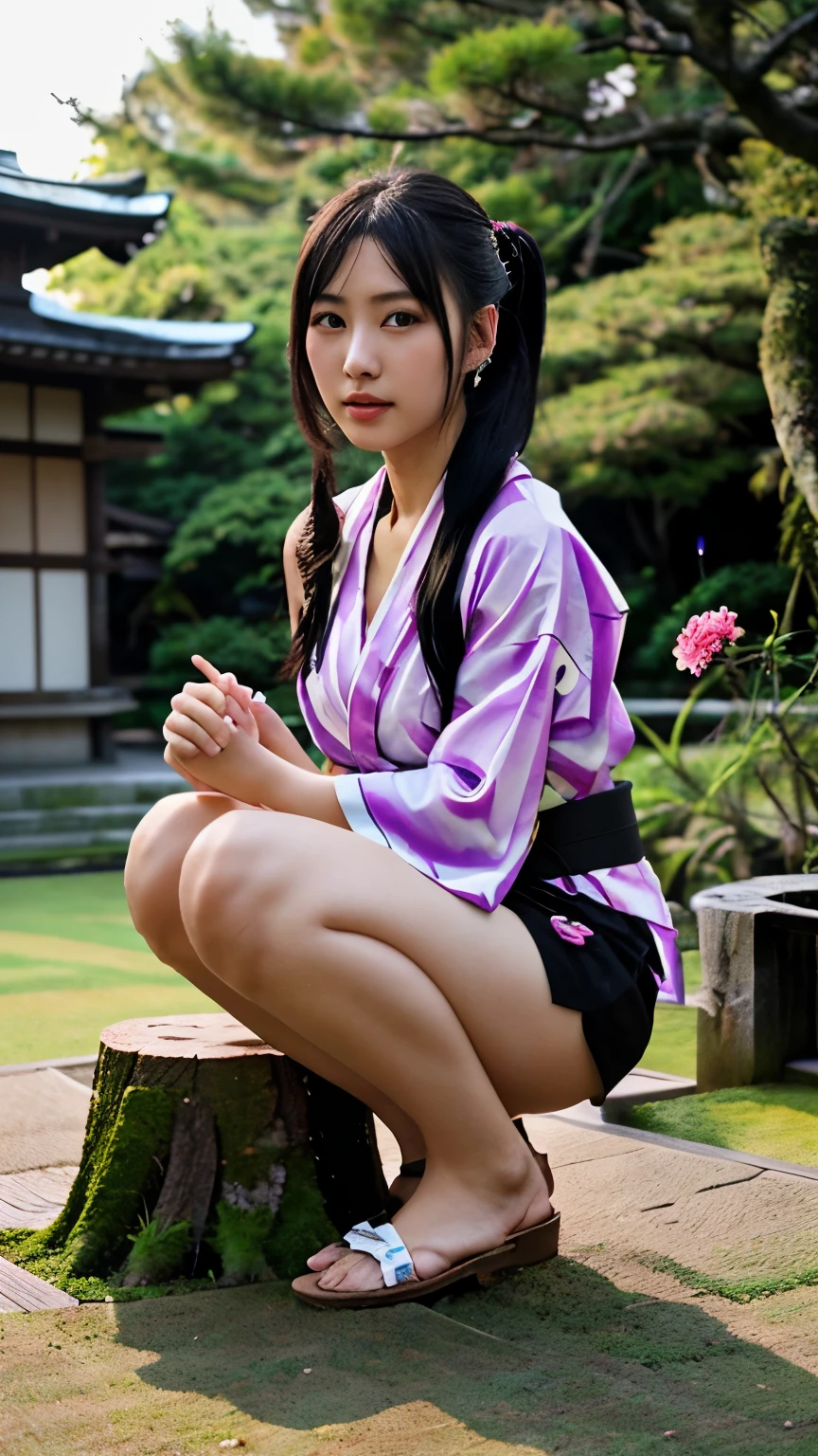 最high quality、high quality、best image quality、8K、最High resolution、High resolution、最high quality、masterpiece、realistic pictures、RAW photo、realistic atmosphere、(detailed face)、(fine hands、thumb１reference４)、(beauty of japan )、very nice face、cute face、((beautiful japanese girl))、(woman), ((18 year old beautiful girl))、(glossy black hair)、(straight long hair)、(ponytail)、whole body、slim style、(shiny skin)、(Fair skin, Glossy skin)、real human skin、realistic human body structure、perfect body， perfect face， perfect hands， perfect fingers， perfect lips， perfect eyes，perfect teeth、perfect background， perfect atmosphere，look at the camera、 natural soft light、samurai kimono、maiko kimono、servant、geisha kimono、Depictions of sex、The shape of the nipple is clearly visible、The shape of the genitals is clearly visible、japanese kimono、Furisode、kimono、yukata、japanese traditional、Inside the garden of a Japanese samurai residence、((Transparent see-through(flowery kimono、Hakama with side slits))、((sit with your knees bent on a stump(Pose that makes your thighs look beautiful))