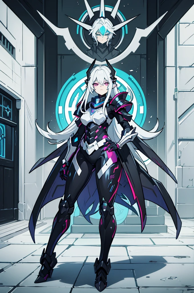 Frauen, Gesicht, White hair, Armor of the Copper Dragon, Maske, Rote Augen, High quality, super detailliert, Super Holy Armor, Vorderseite, Helles Bild, mehr Vorderseite, 4 Drachenflügel, mehr vorne, black armor, Roter-Kupfer Verzierung, Cyberpunk, Neon, metallisch, fullbody view