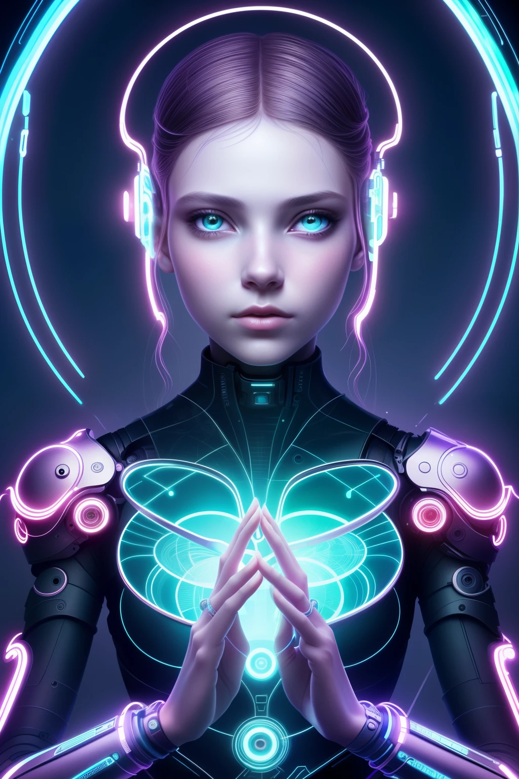A mesmerizing cyberpunk-style digital illustration emerges, bringing forth an enchanting vision of a young girl adorned with captivating cybernetic implants. This highly detailed artwork intertwines elements of realism and the cinematic, exuding an atmosphere that captivates the beholder. The predominant shades of wine and baby blue envelop the composition, creating a stunning visual symphony.
In this intricate masterpiece, the artist skillfully emphasizes the reflections dancing within the girl's eyes, infusing them with an otherworldly allure. The luminous parts of her cybernetic enhancements glow with a radiant brilliance, illuminating the canvas with a mesmerizing ethereal light. Delicate yet prominent cables gracefully emerge from her body, hinting at the intricate connection between flesh and machinery