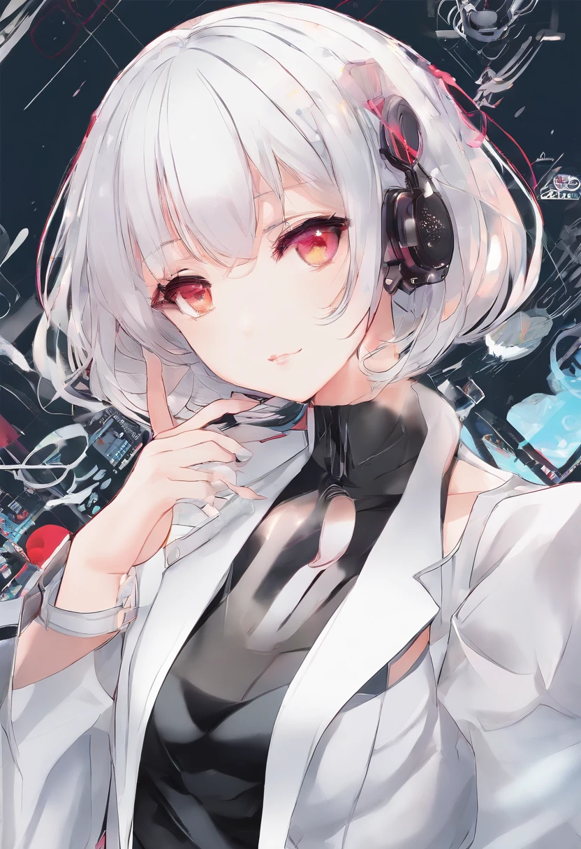 1 girl、Hair is white、Bob Short、White background、Eyes glow red、One eye is closed、sticking out tongue、Moe sleeves、Black nails、bring your hands close to your face、High quality、stylish