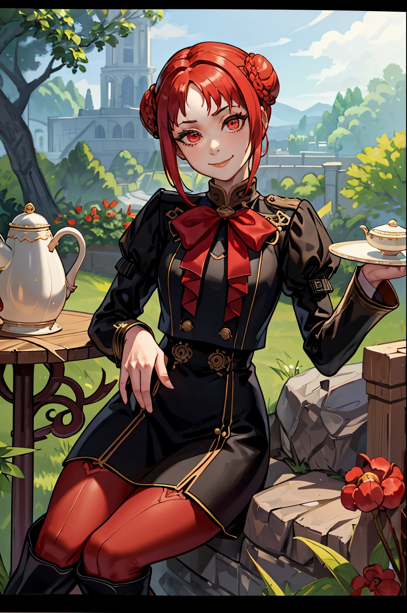 masterpiece, best quality, feMonica, hair bun, braid, black jacket, red bow, black skirt, red pantyhose, black boots, sitting, table, chair, teapot, garden, looking at viewer, smile, closed mouth 