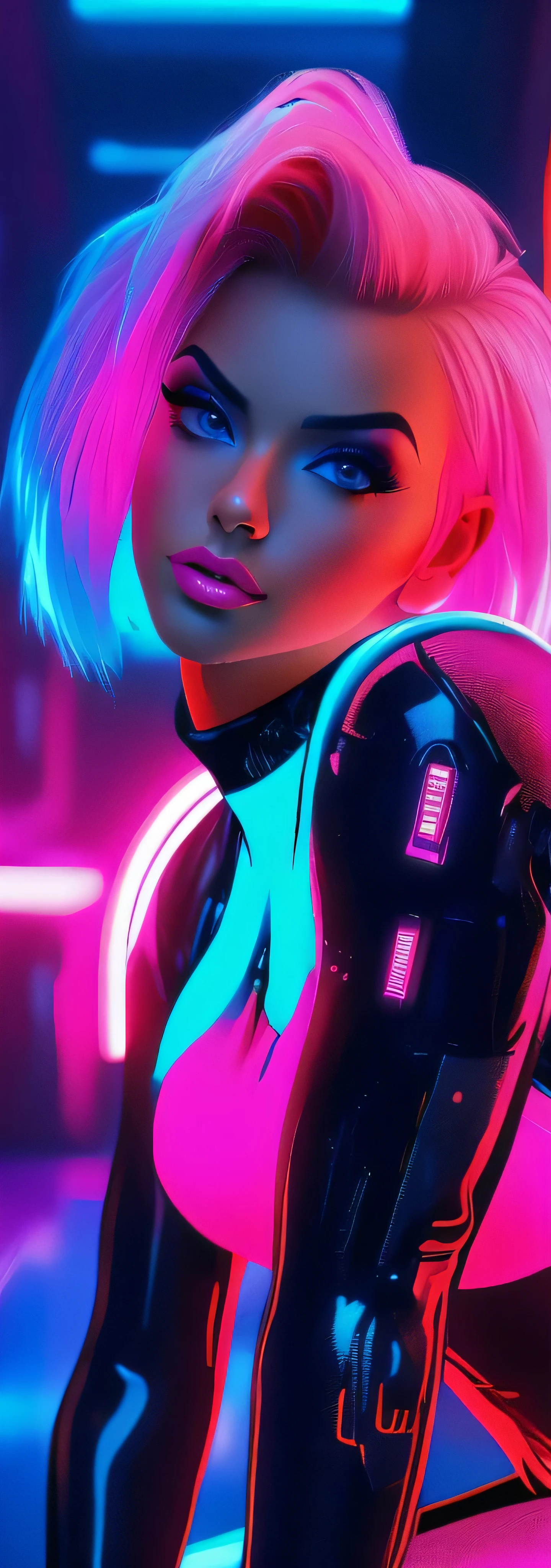 Macro script quality, ultra realistic, HD, HQ, 4K, 8K, high details, full body shot, neon background, young woman, ((huge cleavage)), short pink hair, neon clothes, hand guns, futuristic, sci-fi, perfect face, perfect red eyes, full plump lips,