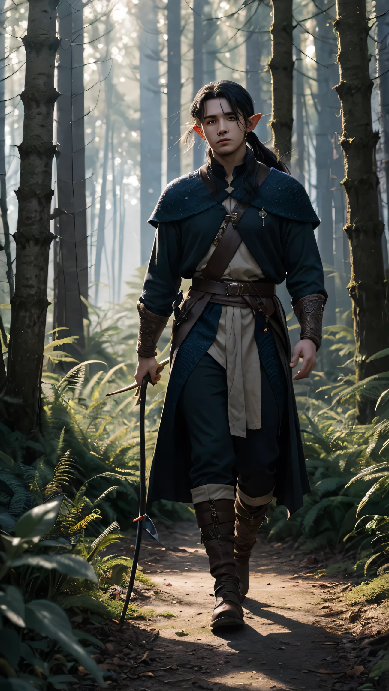 A young elf guy of European appearance., with long black hair, ponytail and loose bangs, and with gray locks walks through the forest in a light adventurer'equipment in black and blue tones, holding a yew longbow. He has dark blue dragon scales on his neck and arms...