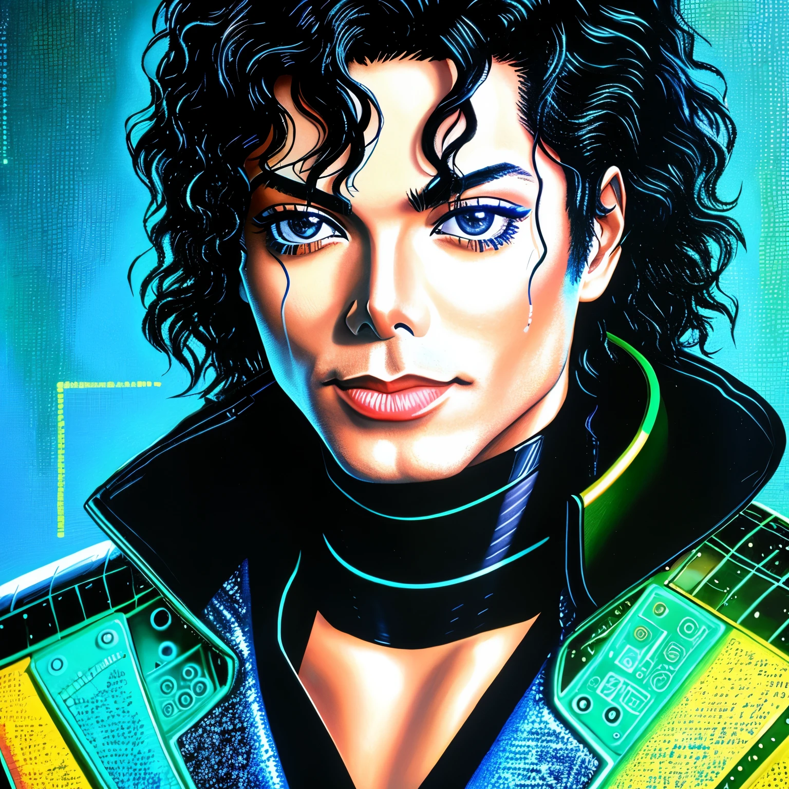 frontal wiel Michael.Jackson with his face wet with water, wearing a cybernetic suit, in a mechanical laboratory with artificial laboratory lighting, styled in 3D oil pastel painting.