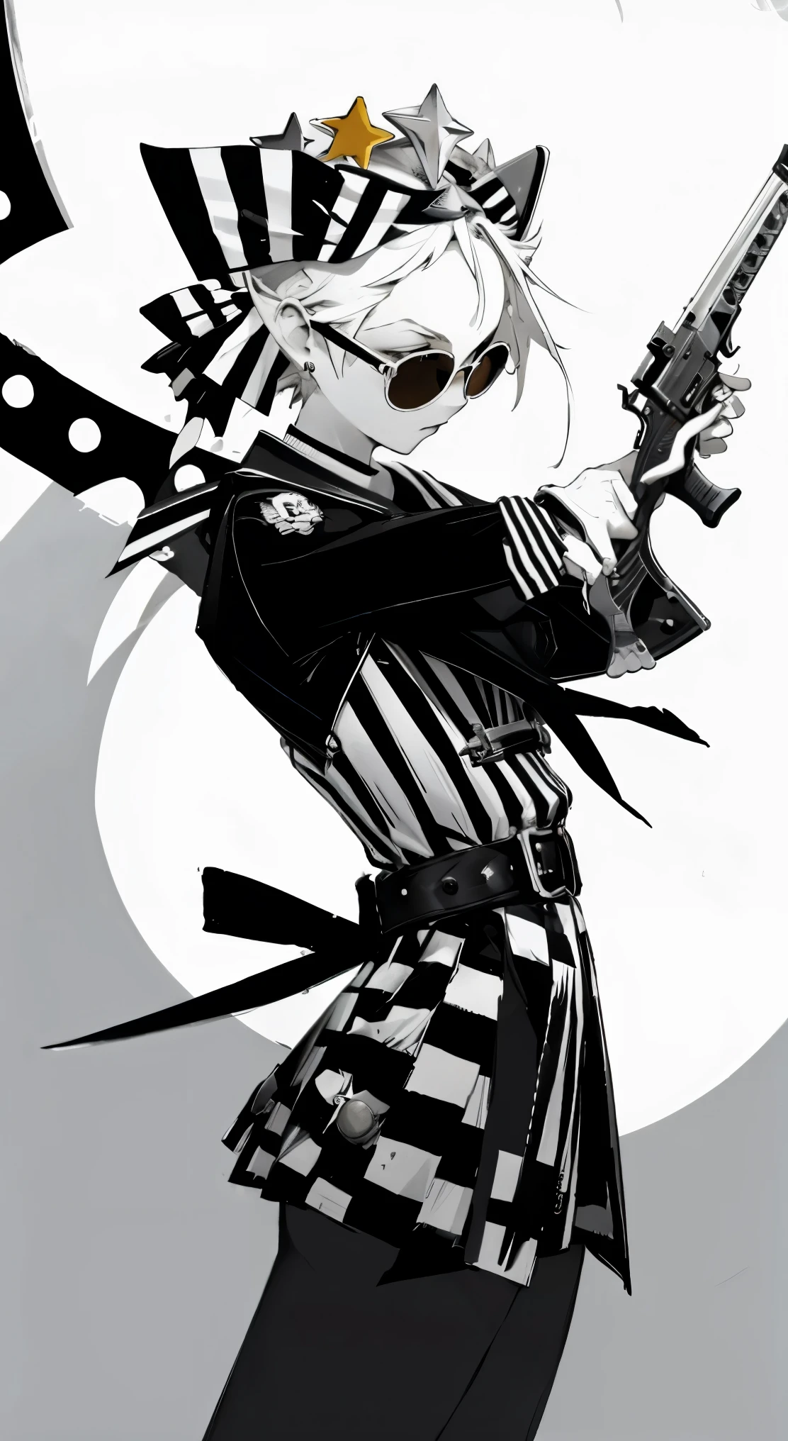 1girl, reference inset, gun, weapon, solo, holding, striped, eyewear on head