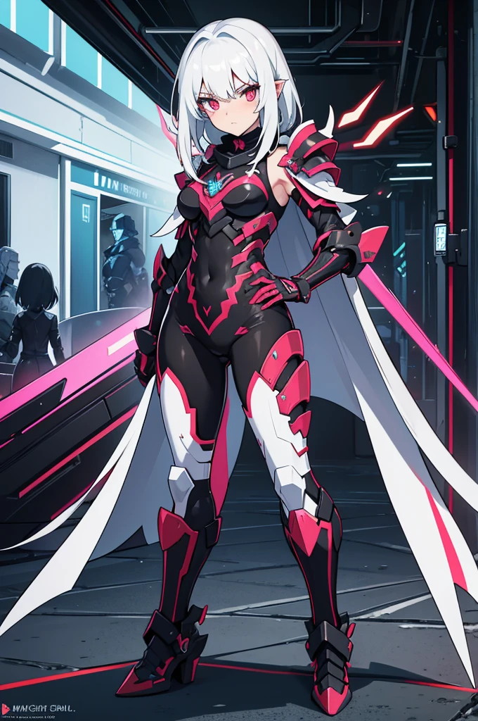 Frauen, Gesicht, White hair, Armor of the Copper Dragon, Maske, Rote Augen, High quality, super detailliert, Super Holy Armor, Vorderseite, Helles Bild, mehr Vorderseite, 4 Drachenflügel, mehr vorne, black armor, Roter-Kupfer Verzierung, Cyberpunk, Neon, metallisch, fullbody view