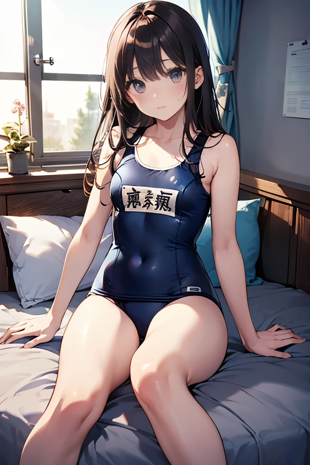 High quality、highest quality、complete limbs、Ultra high definition、Shining eyes、full finger、slender beauty、embarrassed look、sleeping in bed、Wearing a school swimsuit、shiny skin、knee high、girl's cute room、dramatic writing