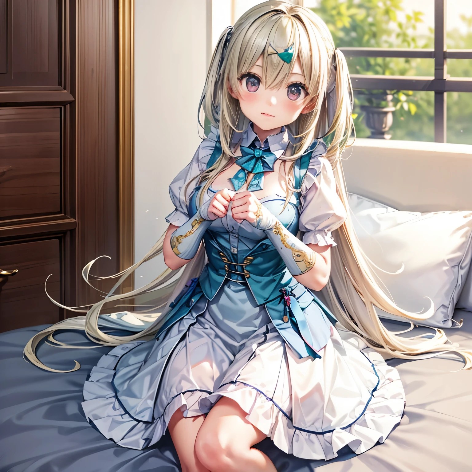 pastel classic style, (artwork), (Amazing work), (Indirect linear lighting), (Chibi Cute Studio), (cuteアニメのGIF), (nice、cute、cute), (Highly detailed wallpapers of CG 8k units), (1 girl) Wearing a beautiful dress, cuteフリルのティアラと長い緑色の髪, Please wear silk gloves, white skin, (かなりcuteです),