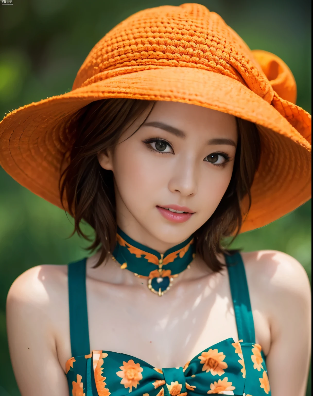 (Just the right kind of 18-year-old Japanese kuro Gyaru for friendship), (highly saturated (orange, tangerine) and green theme:1.4), (tone on tone:1.3), (wearing tangerine [[crochet]] hat:1.4), (green ribbon:1.4), (sleeveless (orange:1.1) and (white:0.7) [polka dot pattern] sundress:1.4), (bare shoulders:1.3), (suspenders with ruffles:1.2), (green belt with ribbon:1.3), (orange tiered skirt with ruffles:1.3), (platform HIGH boots:1.1), (green ribbon on head:1.3), RAW photo, photorealistic:1.6, Quality:1.5, 8k, Masterpiece:1.3, ultra highres:1.0, Crisp Focus:1.2, Beautiful Woman, Highly Detailed Face and Skin Texture, Detailed Eyes, Double Eyelids, (perfect face balance), (smile:1.2), (brown short hair:1.2), beautiful studio soft light, rim light, vibrant details, hyper realistic, octane render, detailed beautiful skin, realistic skin,(Look at the viewer), standing in, (simple orange background)