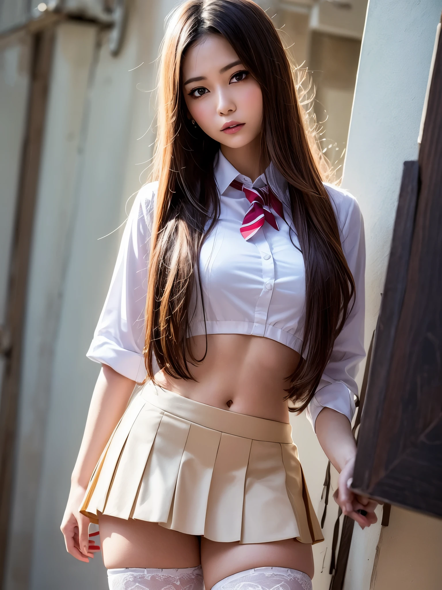 （best quality，4K，master piece：1.2），Beautiful woman，1 girl，Sexy：1.1，dark yellow hair：1.1，Woman in school uniform，Drenched school uniform，super detailed face，detailed lips，detailed eyes，double eyelid，miniskirt white stockings，stand up