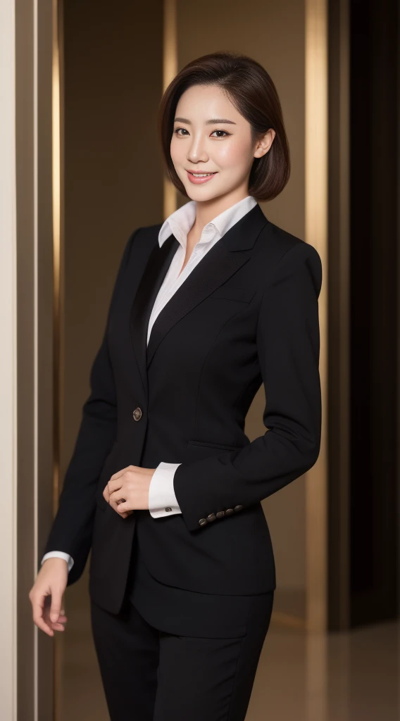 realistic (1 Sister stars of the Korean royal family) slicked back hair, white skin, light makeup, 32 inch chest size, slight smile, business suit, Public place, hyper hd,cocked ass,black lenth stockings