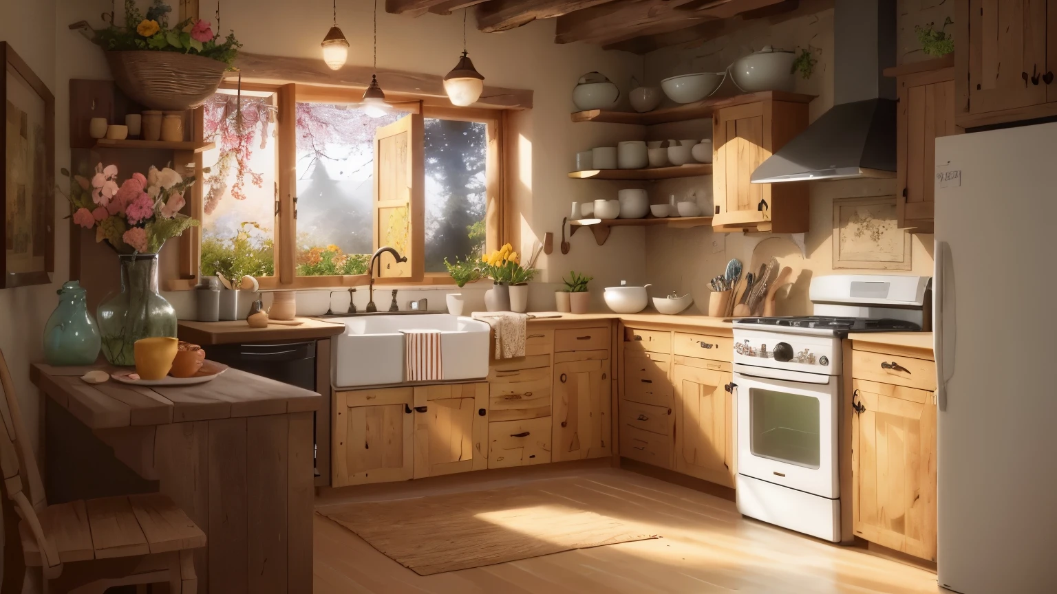 Best quality masterpiece in ultra high resolution, this surrealistic image captures the enchanting sight of firewood stacked neatly in the corner of a rustic kitchen, surrounded by a vibrant array of flowers. The composition showcases the intricate details of each element, from the intricate grains of the wood to the delicate petals of the blossoms. The scene exudes a whimsical charm, inviting viewers to immerse themselves in the beauty of this carefully curated corner.