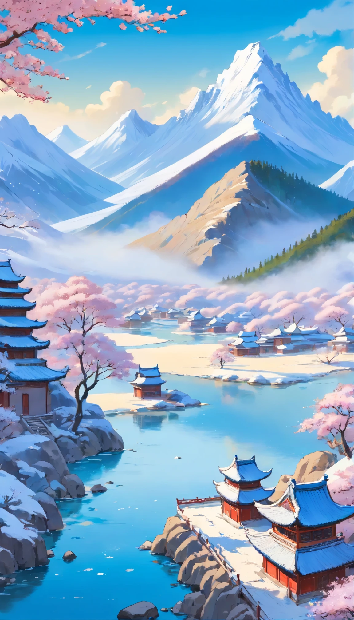 Winter Mongolian traditional flower and leaf pattern, more snows, snow, blue and white porcelain, magnificent landscape painting, poster level, best quality,ultra-detailed,realistic,vivid colors,physically-based rendering,longevity landscape painting,traditional Mongolian painting style,delicate petals and leaves,detailed brushwork,crisp lines,exquisite porcelain texture,subtle shades of blue and white,elaborate composition,splendid mountains and rivers,intricate details in the foreground and background, Mongolian calligraphy,hidden symbols,tranquil atmosphere,serene beauty,harmonious color palette,classic elegance,soft and diffused lighting,refined craftsmanship,visual feast of traditional Mongolian art.