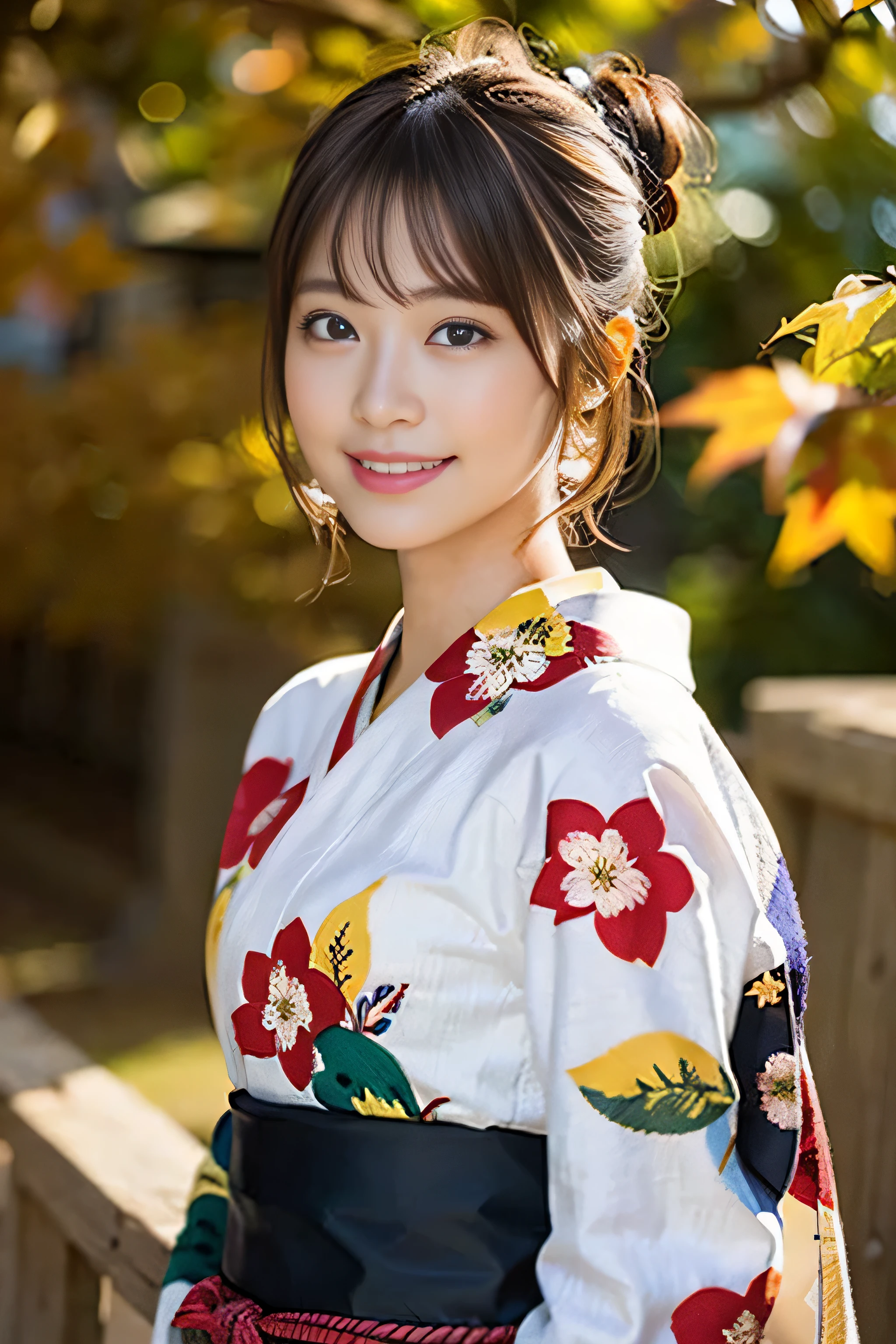 (8K、Raw photography、top-quality、masterpiece:1.2)、(realisitic、Photorealsitic:1.37)、ultra-detailliert、超A high resolution、女の子1人、see the beholder、beautifull detailed face、A smile、Constriction、(Slim waist) :1.3)、Beautiful detailed skin、Skin Texture、Floating hair、Professional Lighting、Whole human body、a blond、Japanese Yukata、floral Yukata、Yukata with autumn leaves pattern、autumnal、Colored leaves、autumnal、Colored leaves、Red ribbons、Bob Hair、Happy smile、Suppin、Bun hairstyle