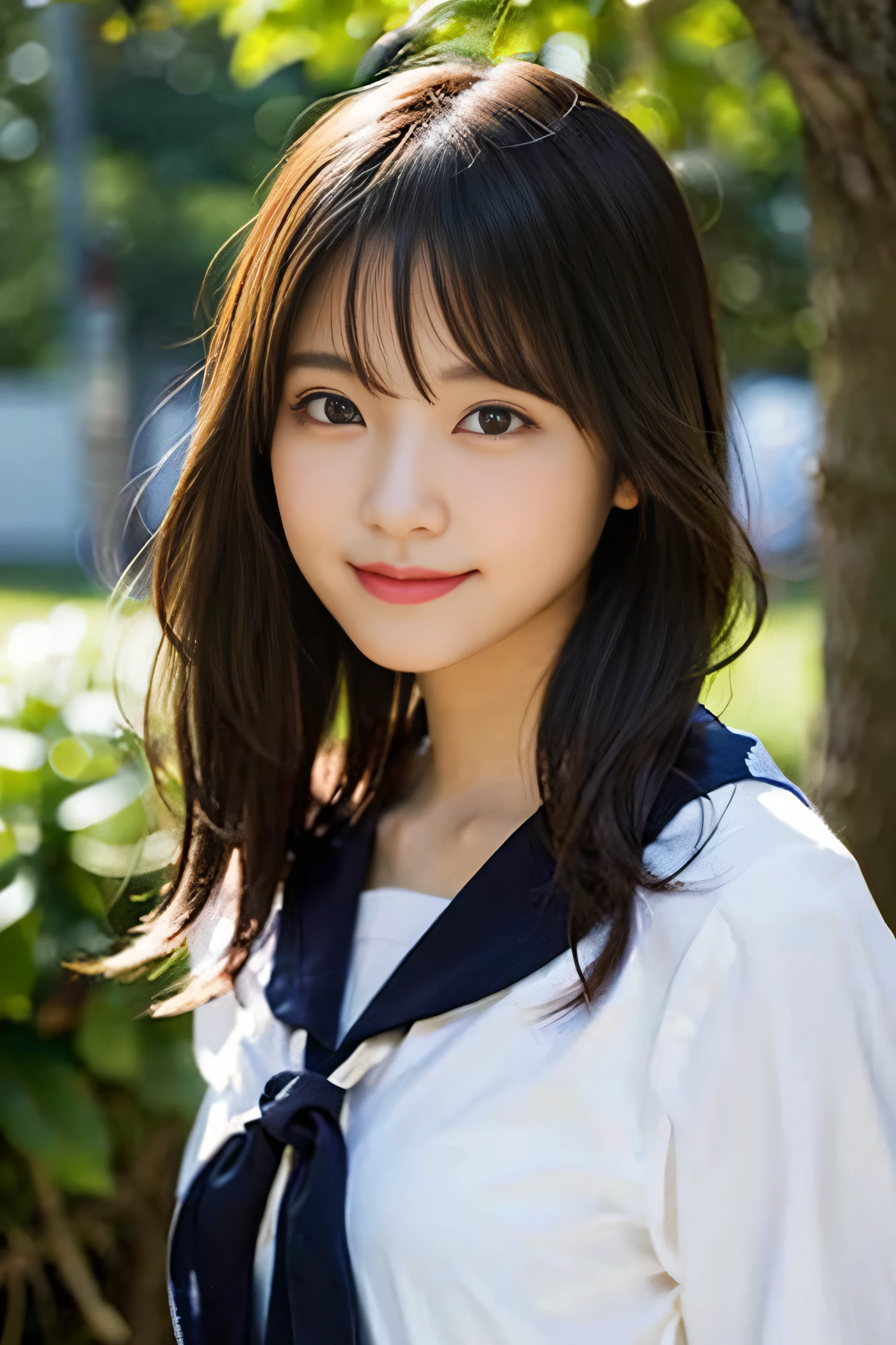 (8K、Raw photography、top-quality、​masterpiece:1.2)、(realisitic、Photorealsitic:1.37)、ultra-detailliert、超A high resolution、女の子1人、see the beholder、beautifull detailed face、A smile、Constriction、(Slim waist) :1.3)、Beautiful detailed skin、Skin Texture、Floating hair、Professional Lighting、Whole human body、a blond、japanese hight school uniform、a sailor suit、Twin Hairstyles、E-cup、Happy smile、sixteen years old、Red ribbons、a baby face、in woods、Tree of the Rising Sun々Sunlight passing through、Deities々Shikai、Hair fluttering in the wind、the wind