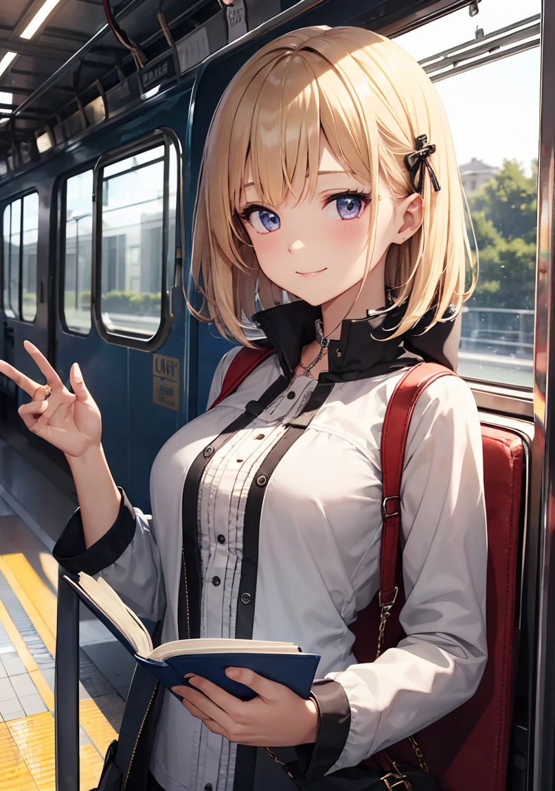 masterpiece, absurdres, best quality, ultra detailed, high Resolution, detailed illustration, extremely beautiful detailed face and eyes, bright colour, 1girl, (li), cute face, Delicate beautiful face, magenta eyes, cute eyes, sparkling eyes, big eyes, medium breasts, (perky breasts:1.1), (pointy breasts:1.1), medium hips, glamorous body, white skin, Smile, BREAK, long bob cut, (blonde hair:0.8), messy hair, detailed hair, shiny hair, BREAK winter coat, tiny ribbon, reading book, looking book, at train, real world, natural lights, perfect lighting,
