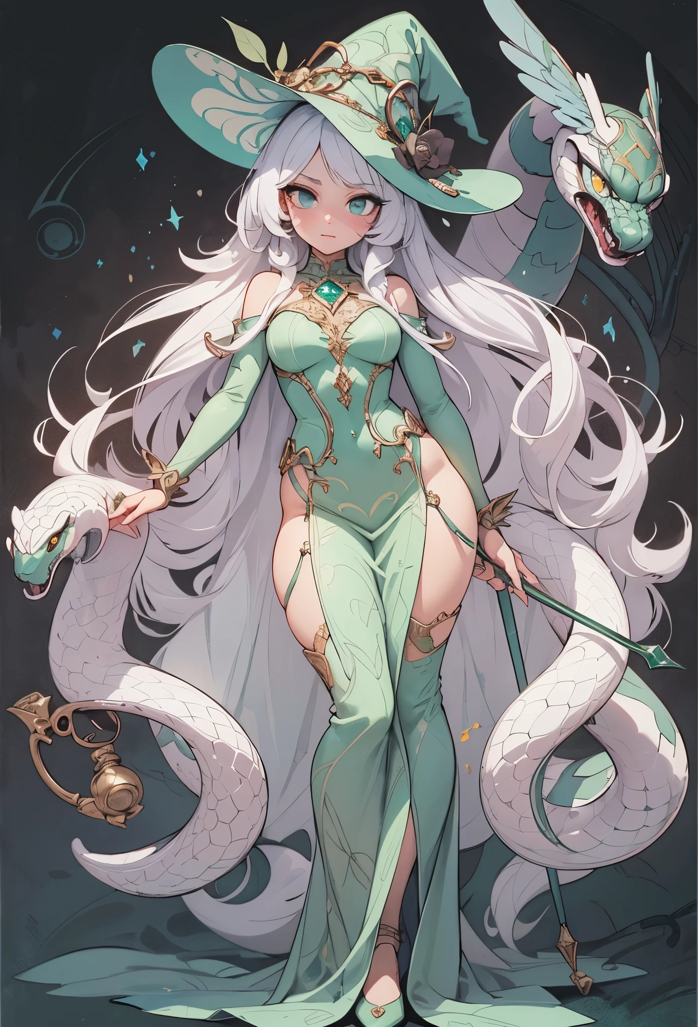 (detailed illustrations,Very detailed and precise drawing,Delicate drawn lines with tempo,Realistic texture expression),[color traced main line],(fantasy world battlefield [burning castle]),(ROBOT GIRL[snake woman[medusa]](Emerald Witch [witch hat [[Iron Mask]METALFACE[clear lenticular iris]]])[WEAPON MACHINE],(scaleで覆われたケープ [green crystal corset [snake chain [scale]]]),[Transparent material covering the body surface[clear green]],(Viper pattern),[Using a magic wand as a weapon],[[Mobile Weapon Gigant Size][science fiction mechanical]],(intricate and beautiful decoration [Dense detail]),[transparency],(Precisely drawn face)[完璧な目のdetailed(Beautifully detailed iris)[eyes like jewels]],[long and beautiful eyelashes],[precisely drawn hair [美しく艷やかな髪のdetailed]],(完璧な手のdetailed [Beautiful fingers with no damage [beautiful nails]]),(perfect anatomy(perfectly balanced proportions))[[full body portrait]],[ideal color coordination(Accurate simulation of light and material interactions)],([Precision Detail](detailed,High definition)),[Visual art that tells a story].