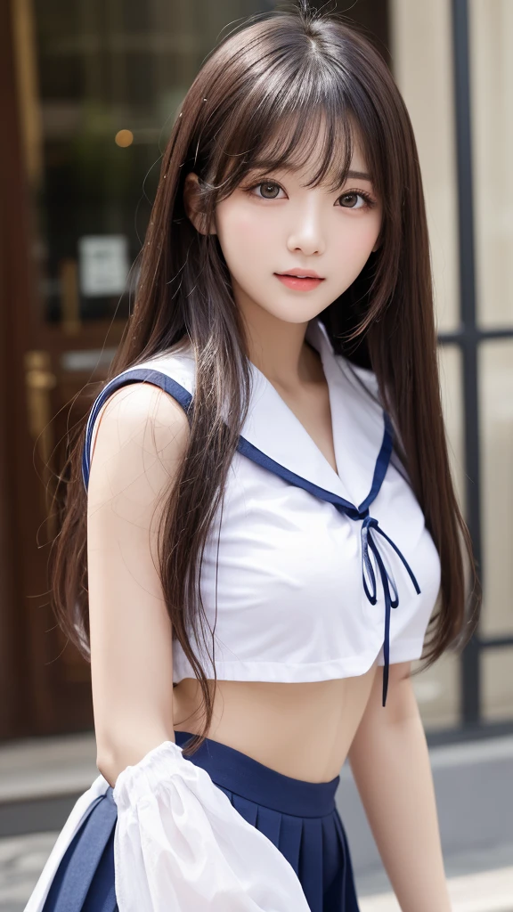 perfect beautiful face、beautiful cute teenage girl、school uniform、sailor suit、Sexy and very beautiful cute face、beautiful cute sexy sky blue eyes、very super long beautiful shiny silky straight pearl blonde hair、super long beautiful bangs、white skin、Shiny skin、gross face、cheek gloss highlight、hair above eyes、片hair above eyes、hair between eyes、