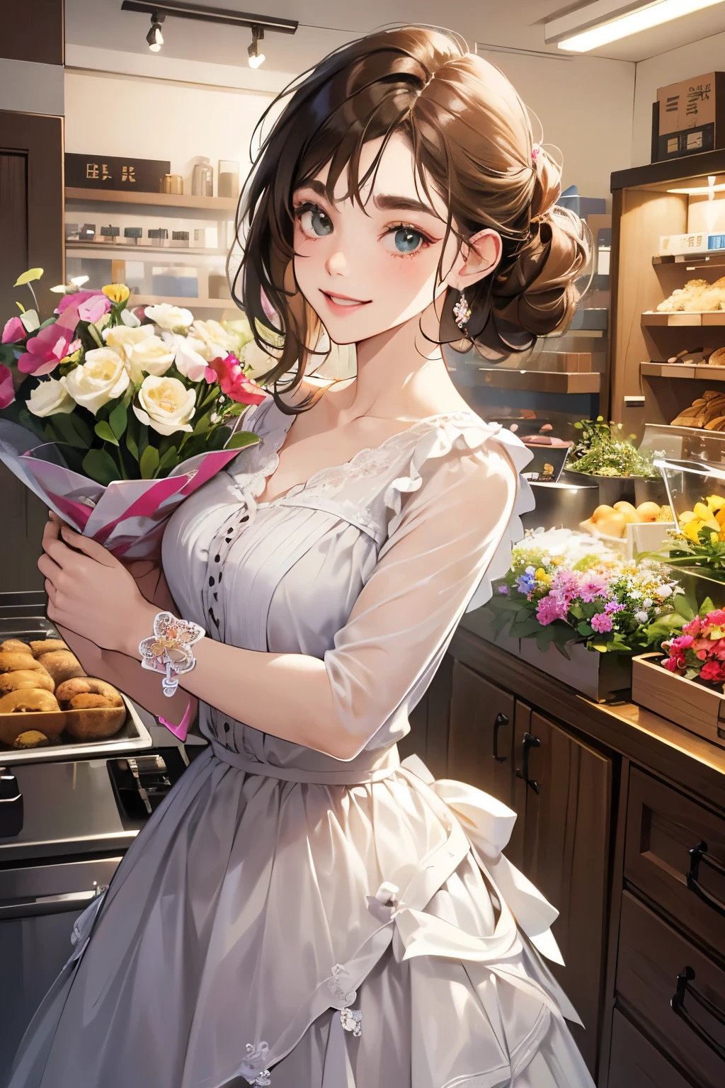 (table top, digital art, digital illustration, 4K, 8K, super detailed, beautiful images, clear image, realistic, RAW photo, perfect face, perfect lines, perfect eyes, soft lighting) 1 female, (light brown hair,chignon hair,innocent look,droopy eyebrows,With a round face,Round jaws、innocence,cute,Big eyes,natural makeup,smile gently,E cup,23 year old female:1.3),Two handsome men in suits, (human,Men in suits,muscular,Firm shoulder width,  mannish hairstyle,A man in his 30s with a cool expression,28-year-old man with bright smile:1.2),flower shop,flower shopの店先で,Flower Cottage,colorful flowers,lots of flowers、couple dancing、denim、country style、