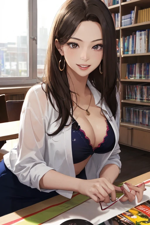 (table top: 1.3), (maximum resolution: 1.2), (Ultra HDTV: 1.2), cinema light, Ultra HDTV, (fine eyes and skin), (detailed facial features), ticker, 8K resolution, sharp focus: 1.2, perfect style, beautiful face, Accurate, anatomically correct, Highly detailed face and skin texture, fine eyes, (light green eyes), double eyelid, thin eyebrows, glitter eyeliner: 1.2, natural cheeks, Glossy skin, Fair skin: 1.2, small shiny necklace and earrings, (glossy lips: 1.4), break, absurd, one person's perspective, (she is high school Teacher), 22 years old, (Wear a front V-shaped open shirt:1.2), (formal jackets, pencil skirt, high heels), (No bra, Bare cleavage:1.2), (enchanting smile: 1.2), (look at the viewer), ((innocent and cute girl:1.3)), (layered hairstyles, smooth hair), (orange hair:1.3), (medium bob hair:1.2), (cowboy shot: 1.2), Focus on the chest and face, ((very close relationship: 1.2)), very big breasts, ((lying on the table:1.4)), ((In school library)), (Head-on:1.2),